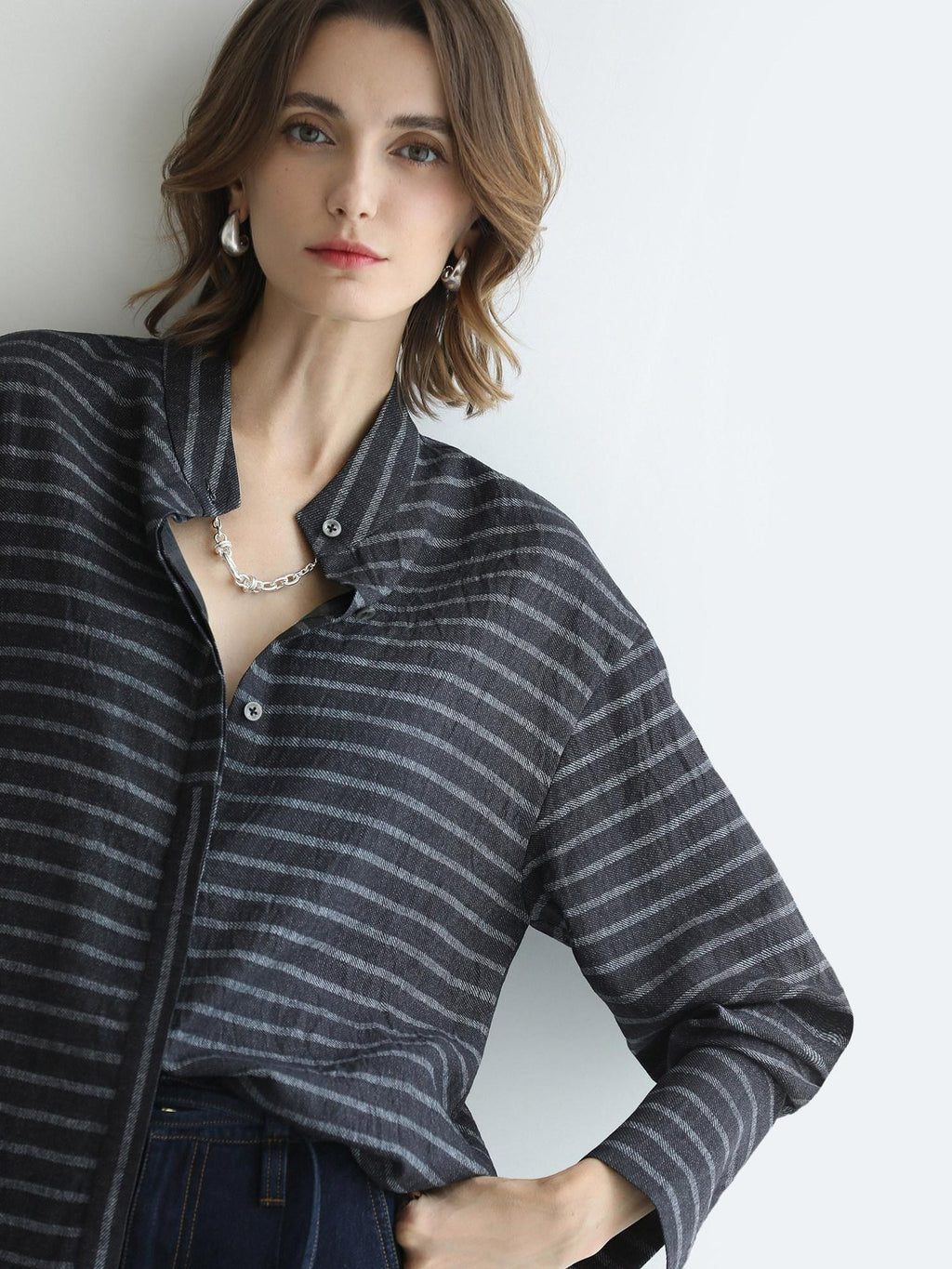 COCOBELLA Viscose Blend Stand Collar Loose Fit Navy Stripe Button Women Commuter Shirts