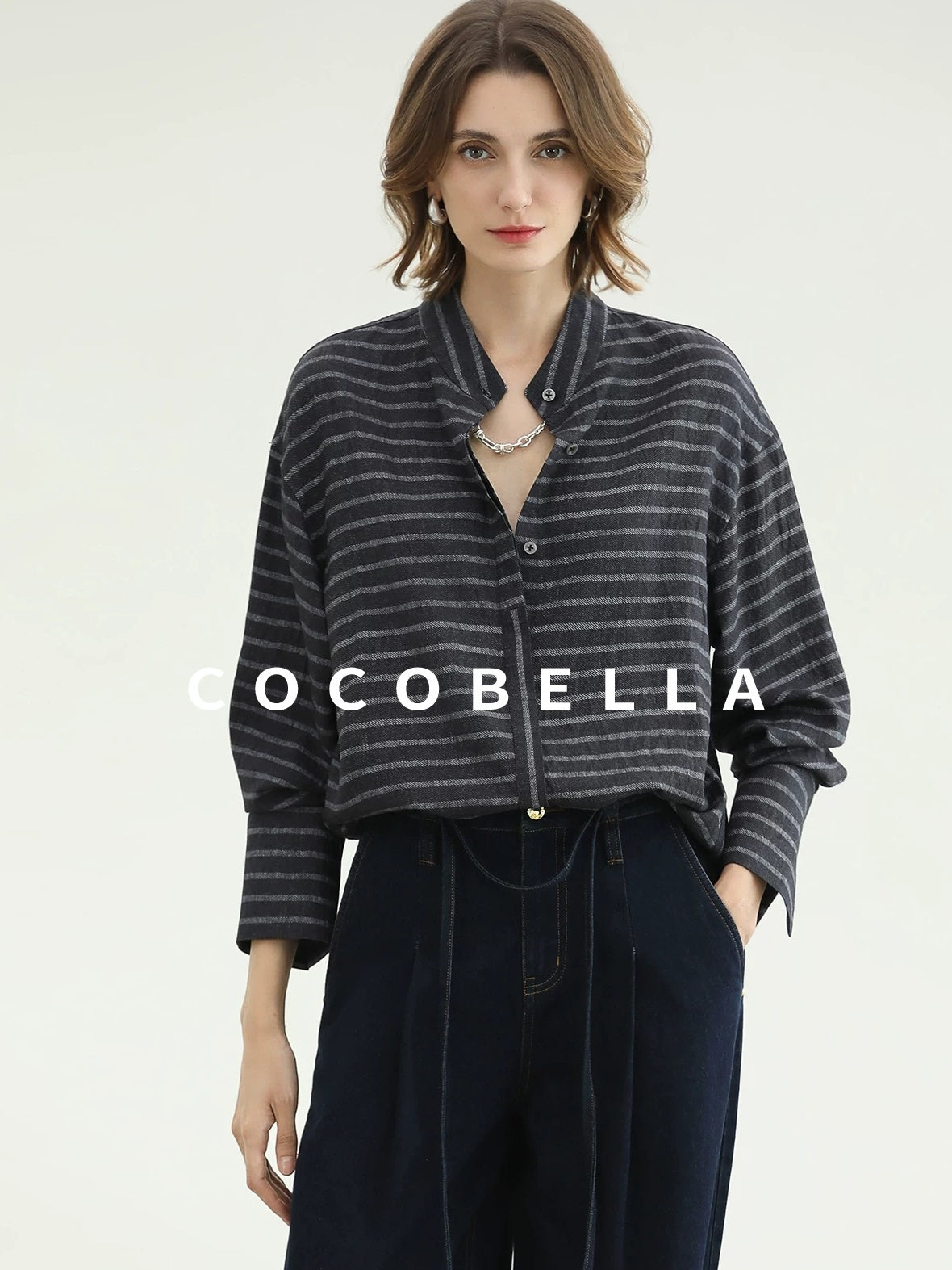 COCOBELLA Viscose Blend Stand Collar Loose Fit Navy Stripe Button Women Commuter Shirts