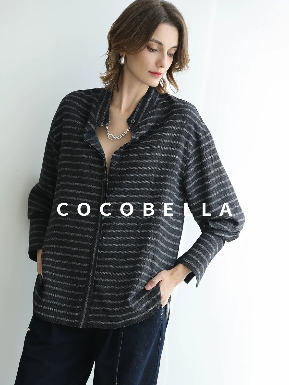 COCOBELLA Viscose Blend Stand Collar Loose Fit Navy Stripe Button Women Commuter Shirts