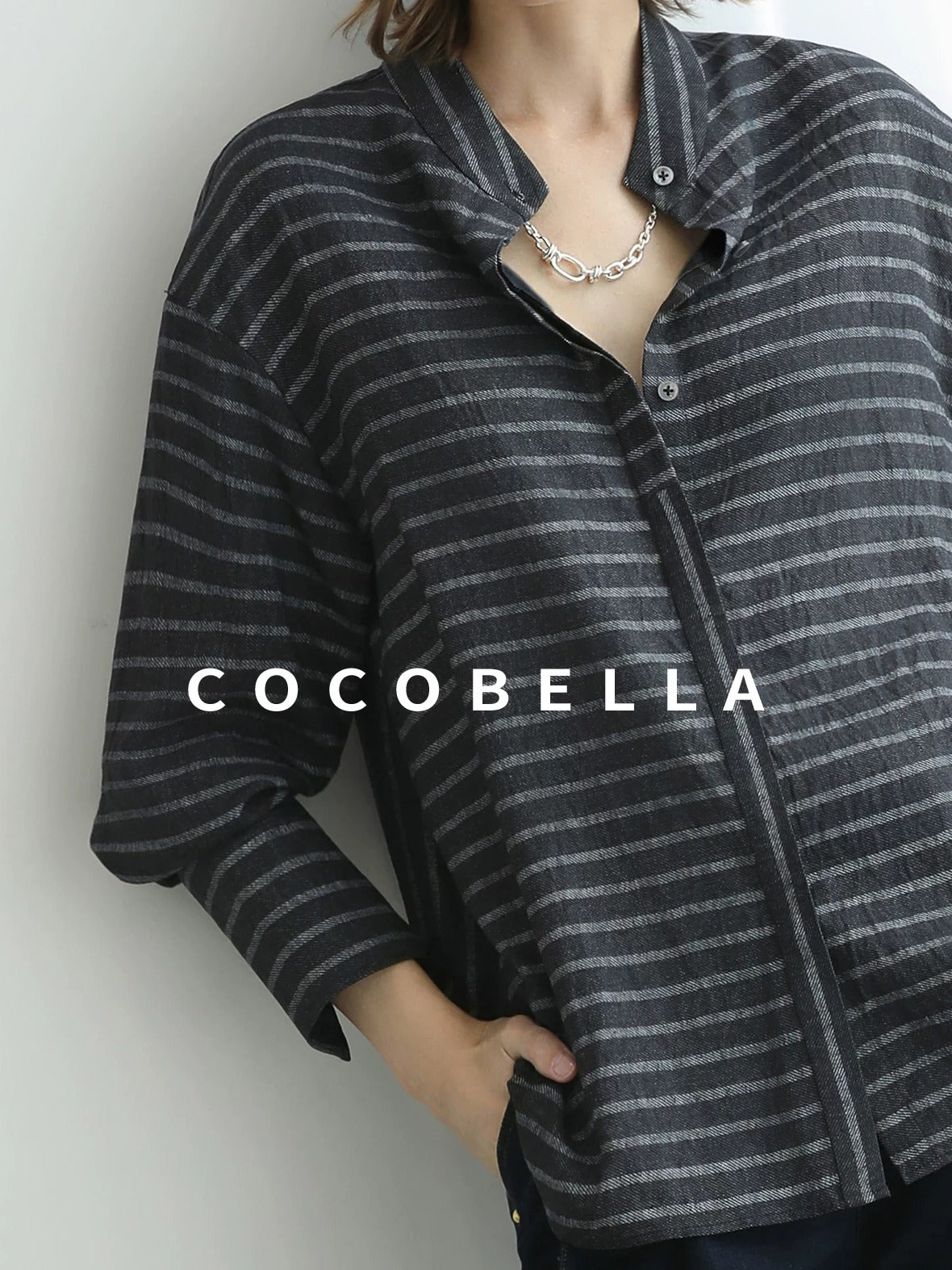 COCOBELLA Viscose Blend Stand Collar Loose Fit Navy Stripe Button Women Commuter Shirts