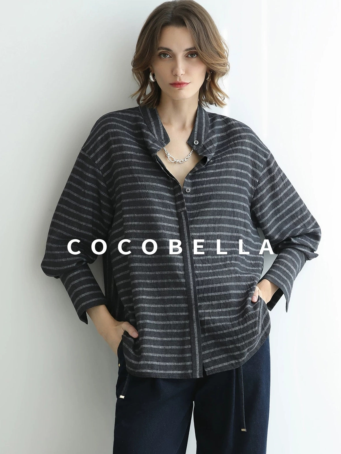 COCOBELLA Viscose Blend Stand Collar Loose Fit Navy Stripe Button Women Commuter Shirts