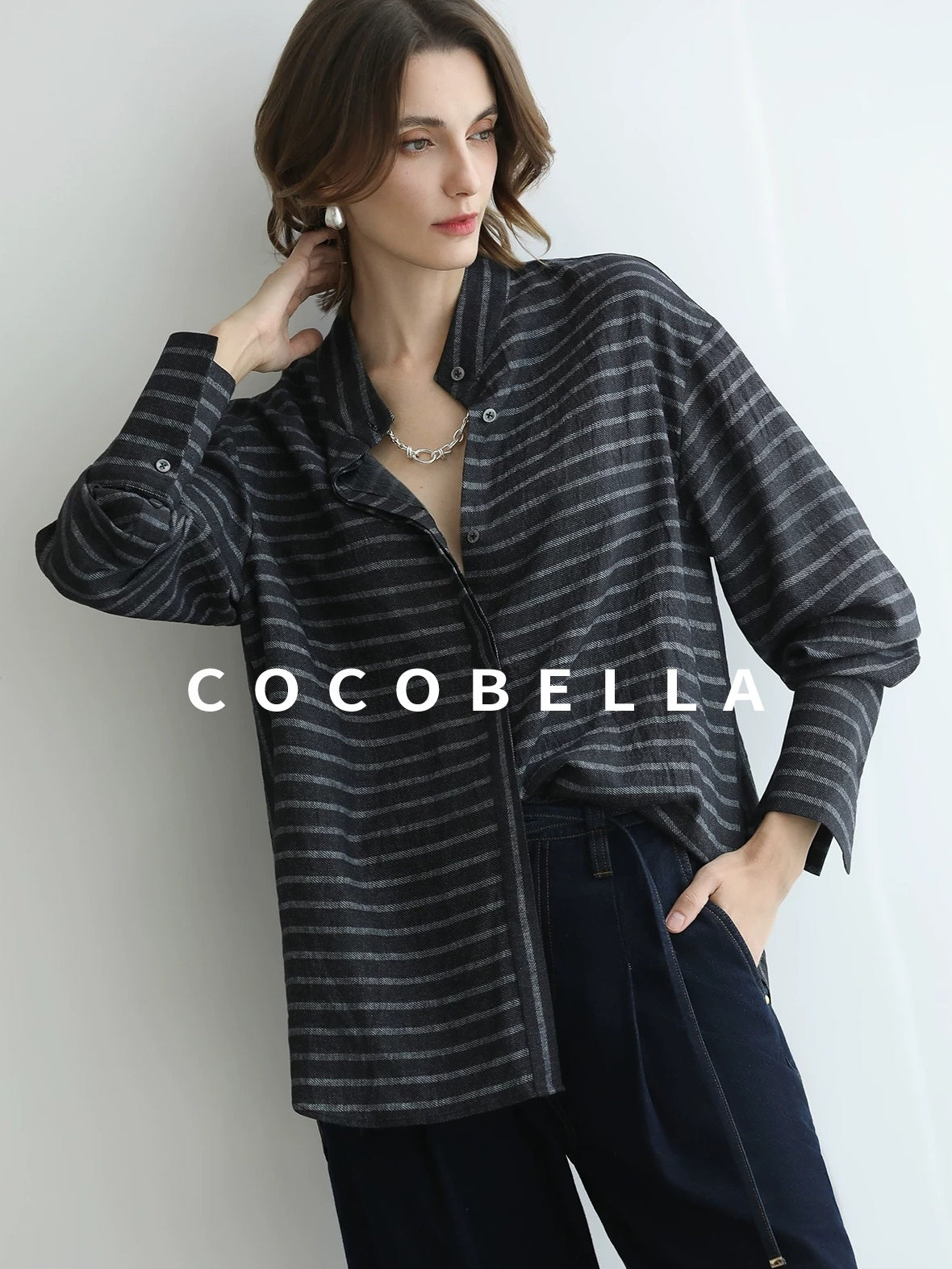COCOBELLA Viscose Blend Stand Collar Loose Fit Navy Stripe Button Women Commuter Shirts