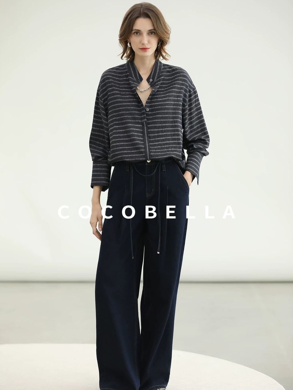 COCOBELLA Viscose Blend Stand Collar Loose Fit Navy Stripe Button Women Commuter Shirts