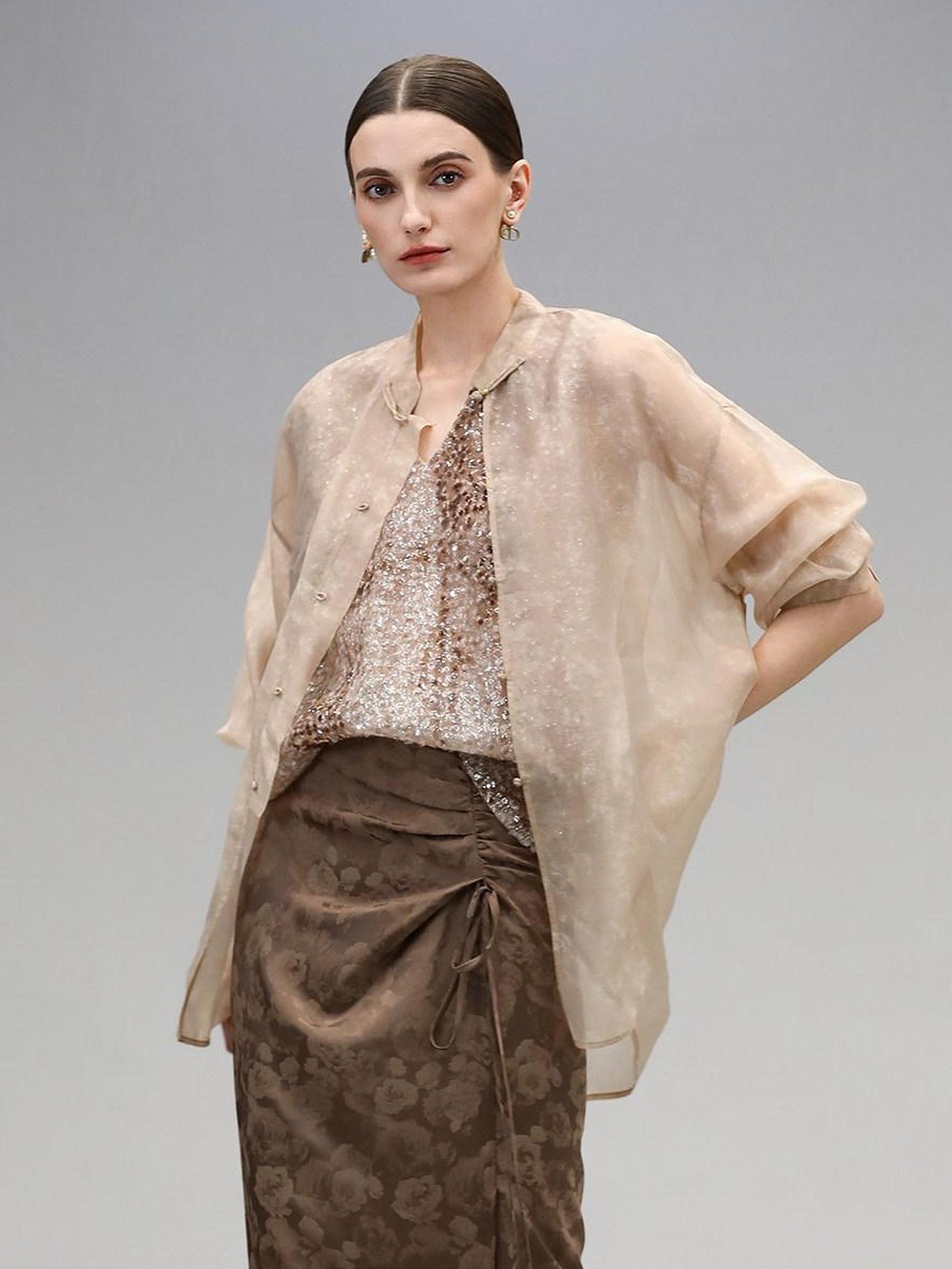 COCOBELLA Viscose Blend Stand Collar Straight Fit Long Sleeve Button T-Shirts