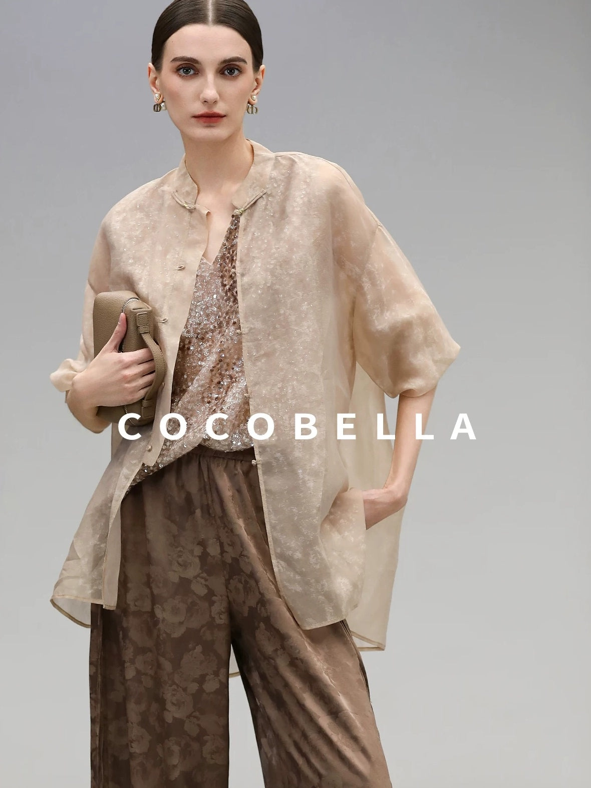 COCOBELLA Viscose Blend Stand Collar Straight Fit Long Sleeve Button T-Shirts