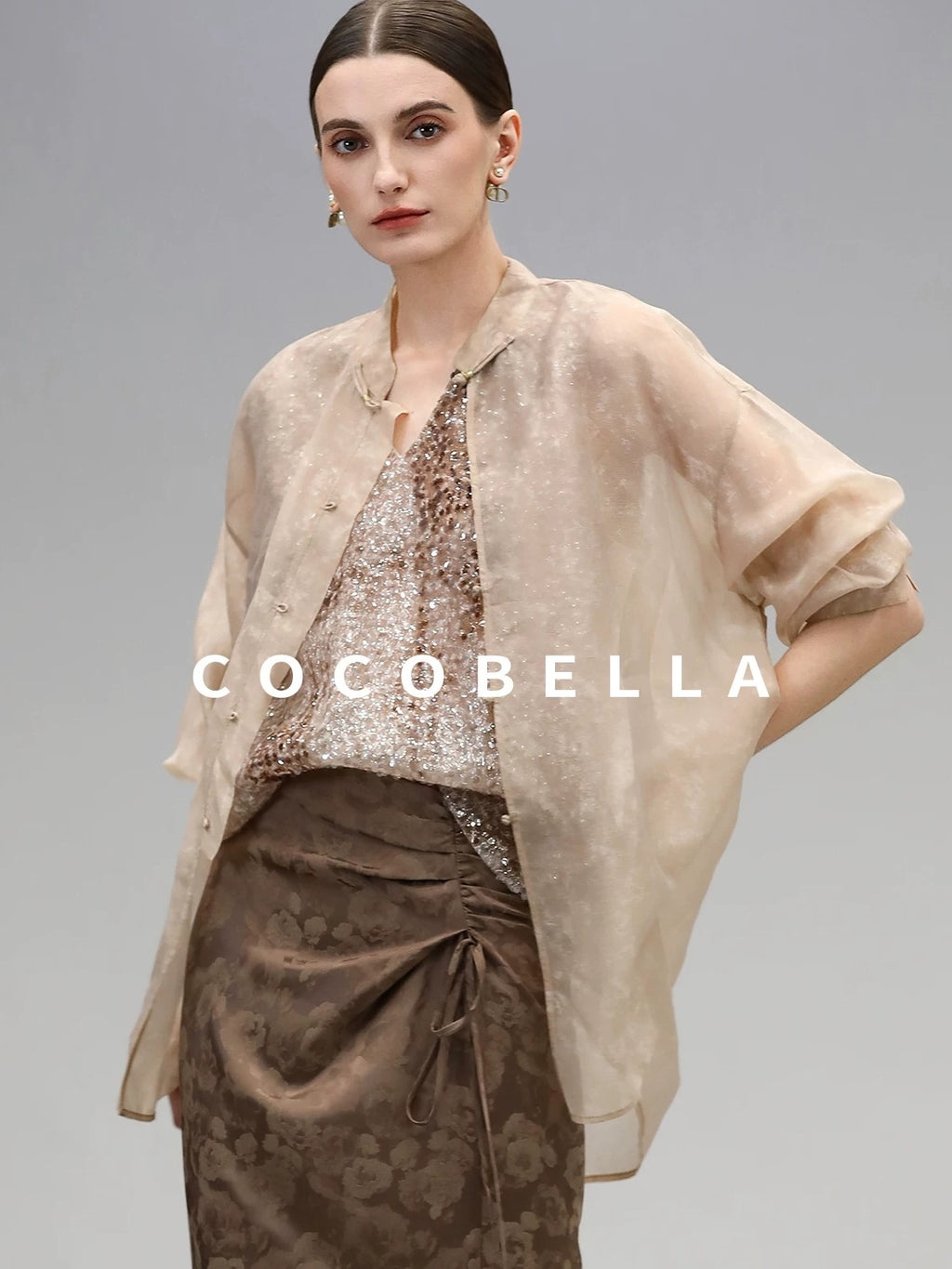 COCOBELLA Viscose Blend Stand Collar Straight Fit Long Sleeve Button T-Shirts