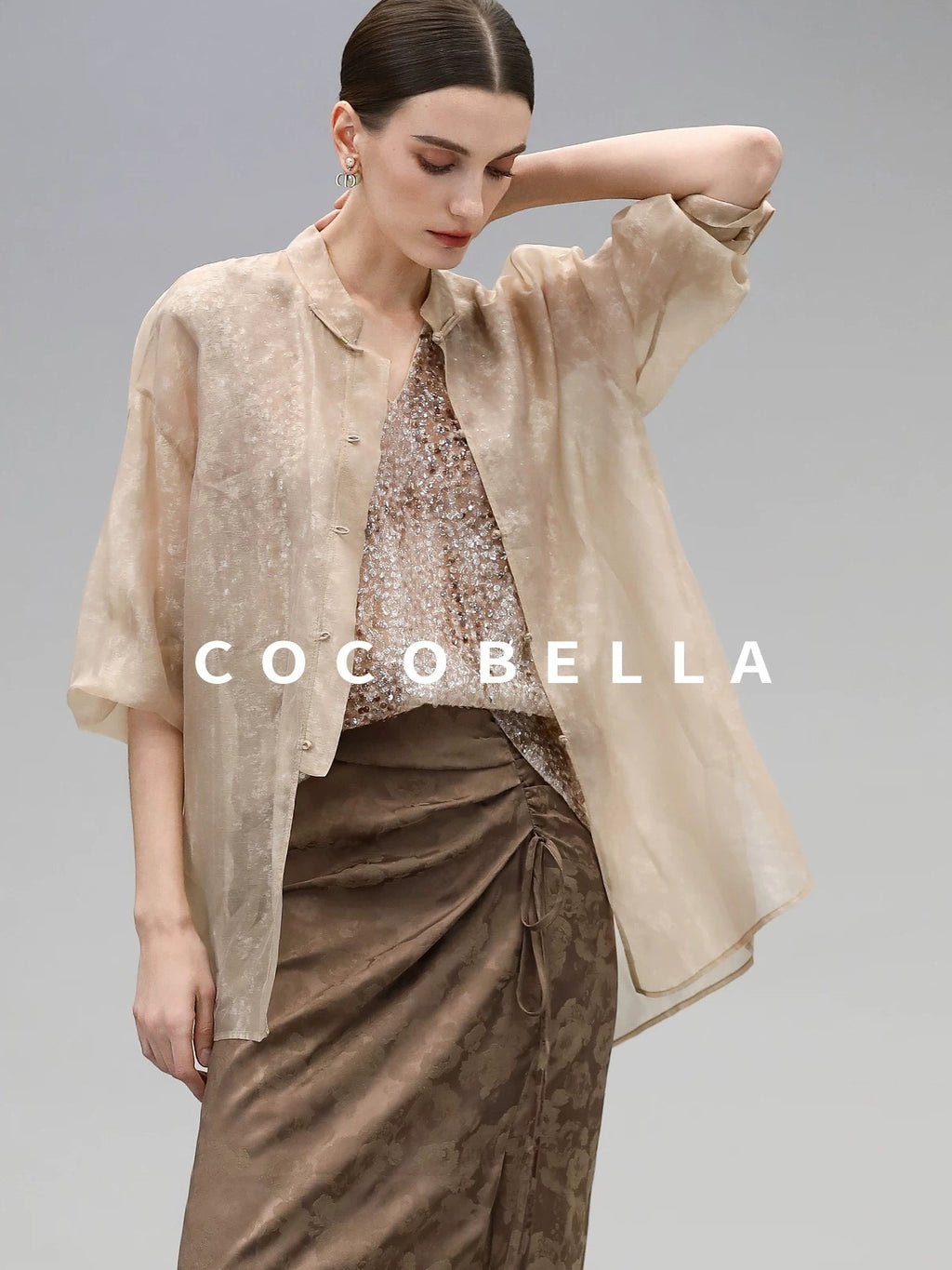 COCOBELLA Viscose Blend Stand Collar Straight Fit Long Sleeve Button T-Shirts