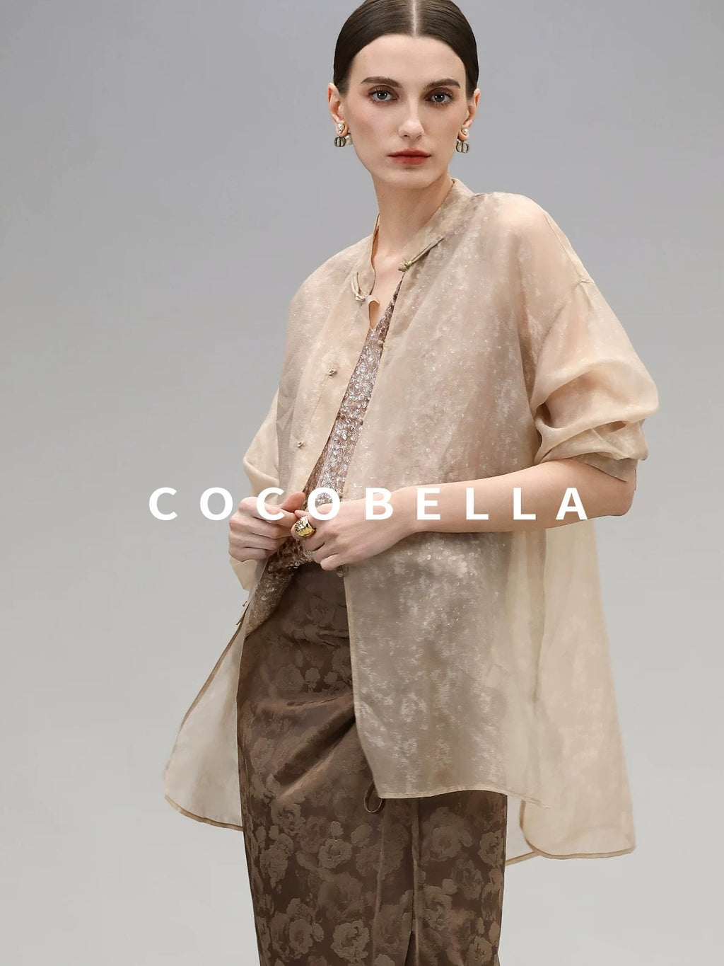 COCOBELLA Viscose Blend Stand Collar Straight Fit Long Sleeve Button T-Shirts