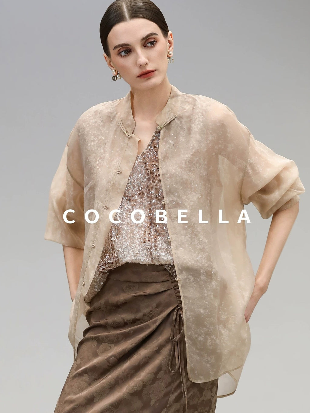 COCOBELLA Viscose Blend Stand Collar Straight Fit Long Sleeve Button T-Shirts