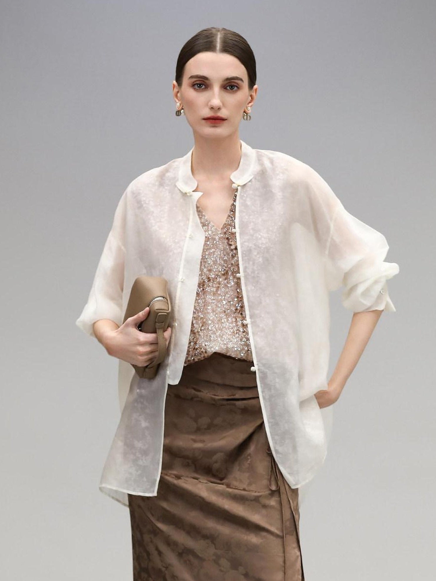 COCOBELLA Viscose Blend Stand Collar Straight Fit Long Sleeve Button T-Shirts