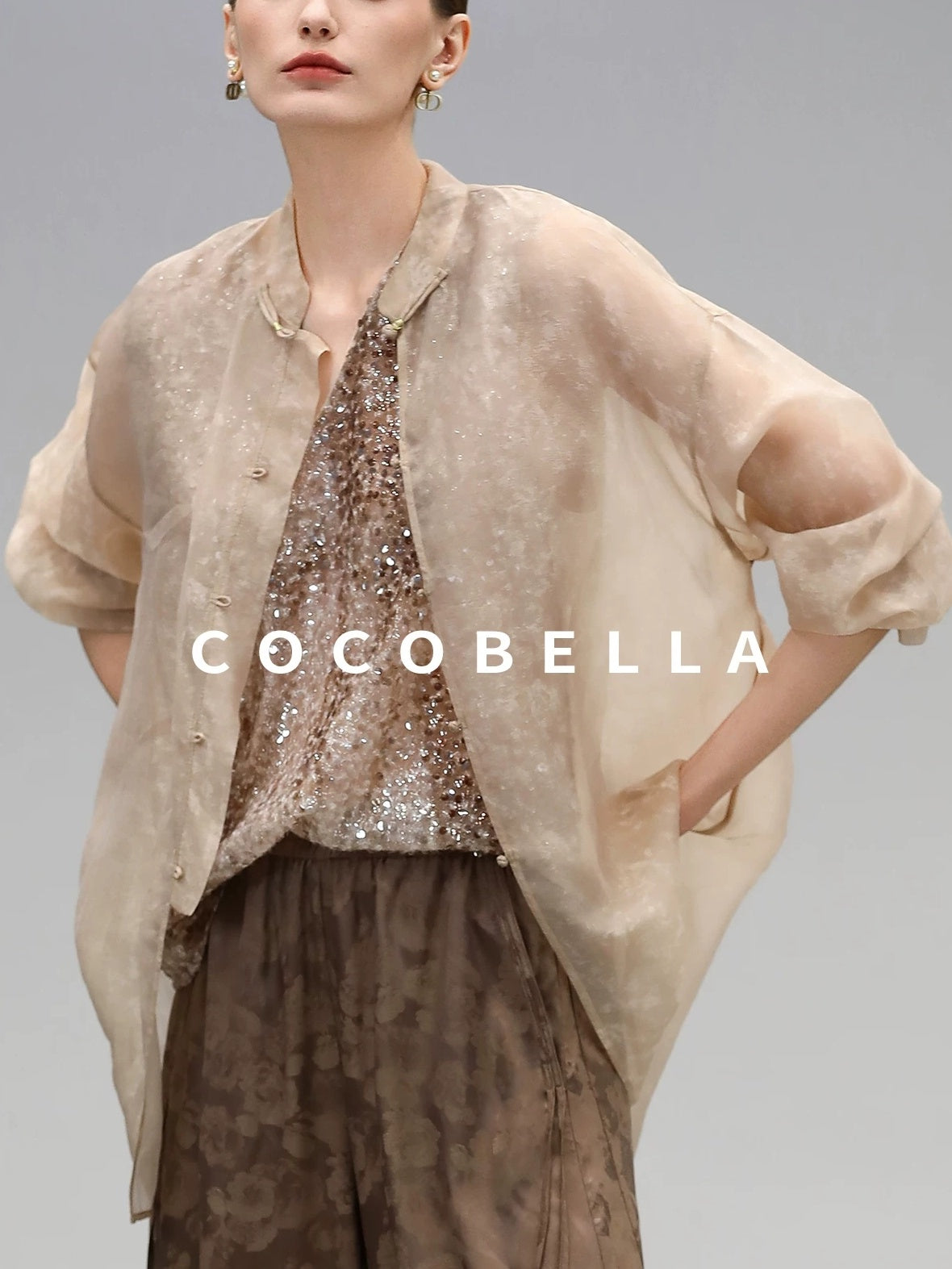 COCOBELLA Viscose Blend Stand Collar Straight Fit Long Sleeve Button T-Shirts