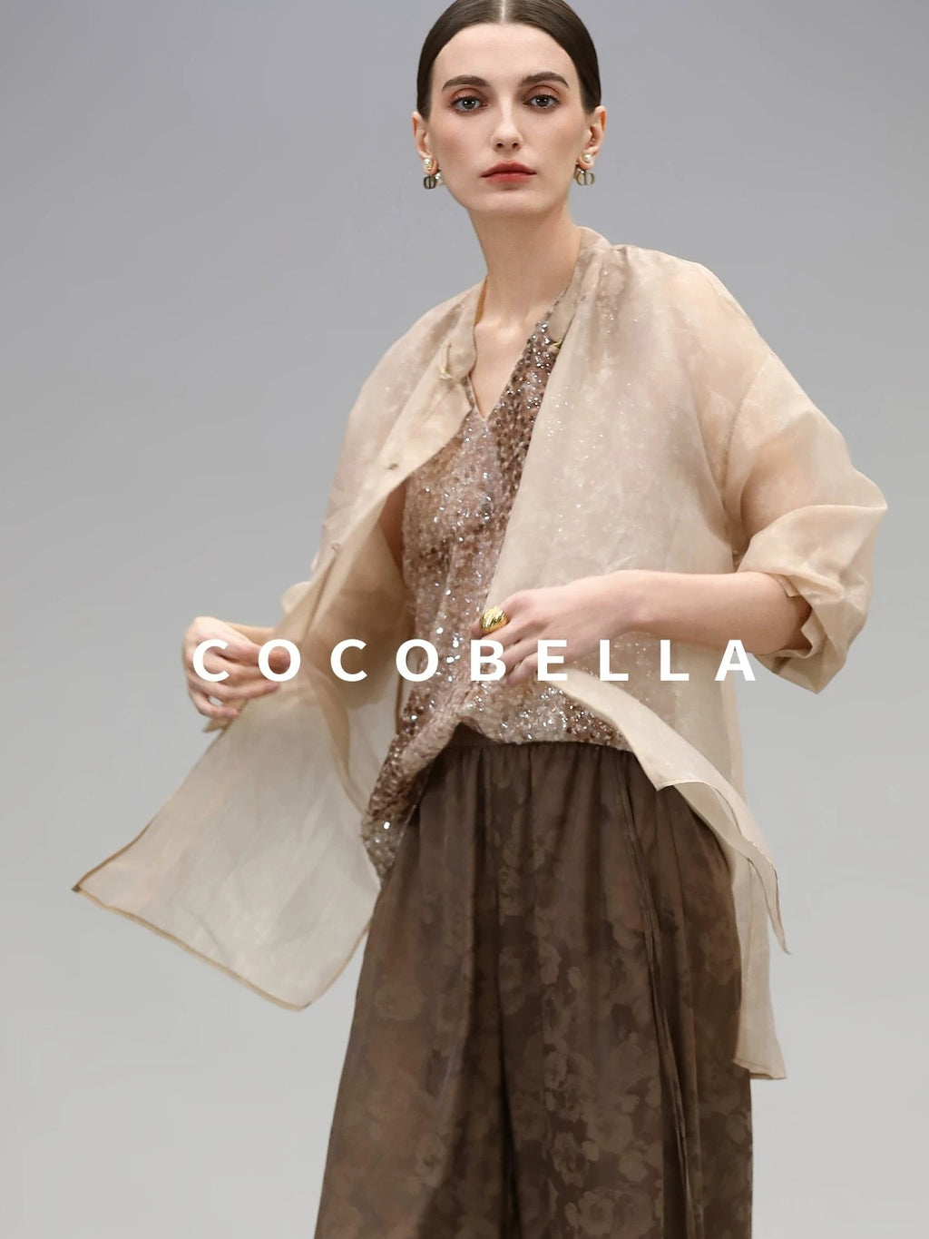 COCOBELLA Viscose Blend Stand Collar Straight Fit Long Sleeve Button T-Shirts