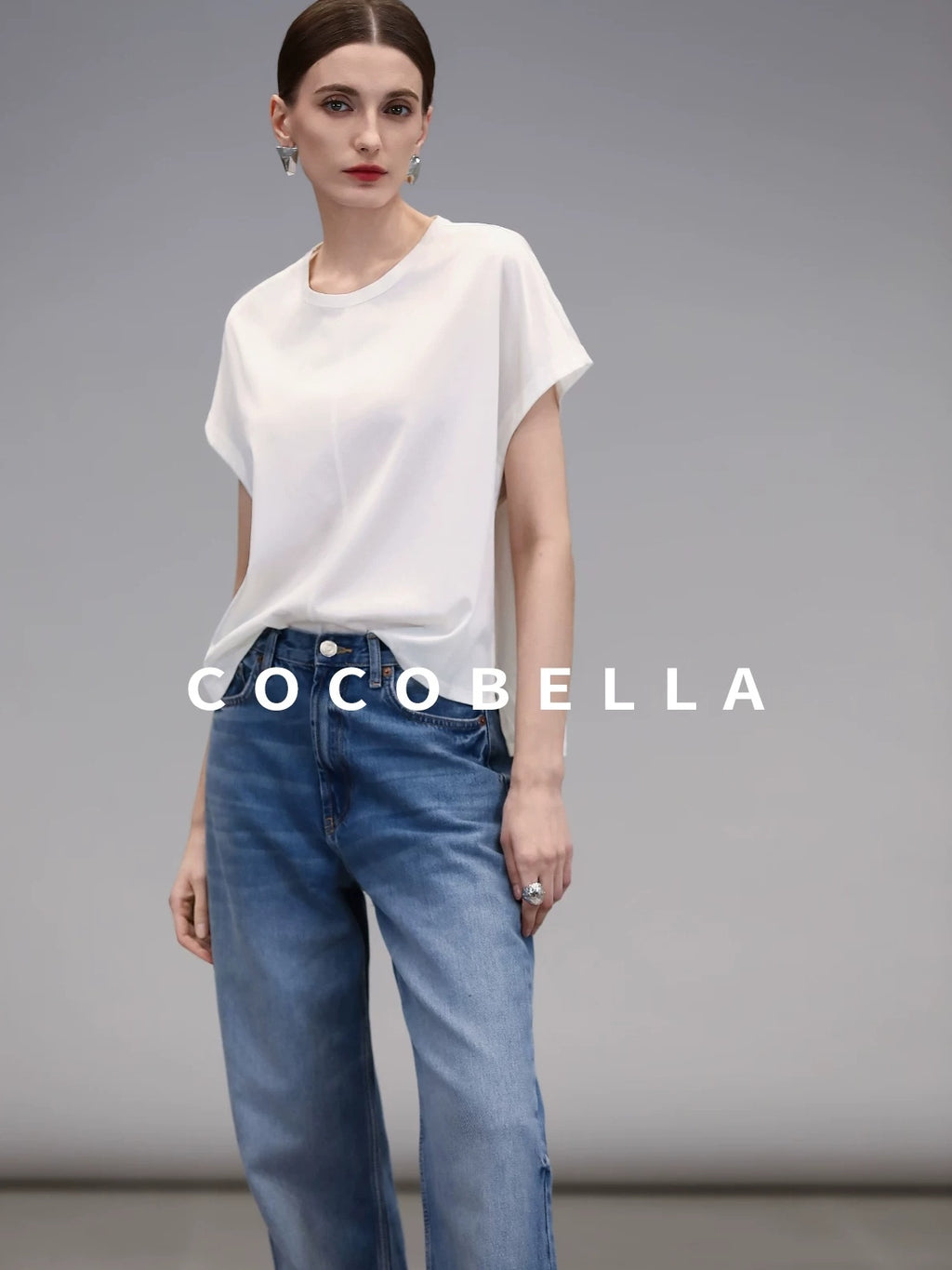 COCOBELLA Viscose Cotton Straight Fit Seamed Office Short Sleeve Crew White T-Shirts