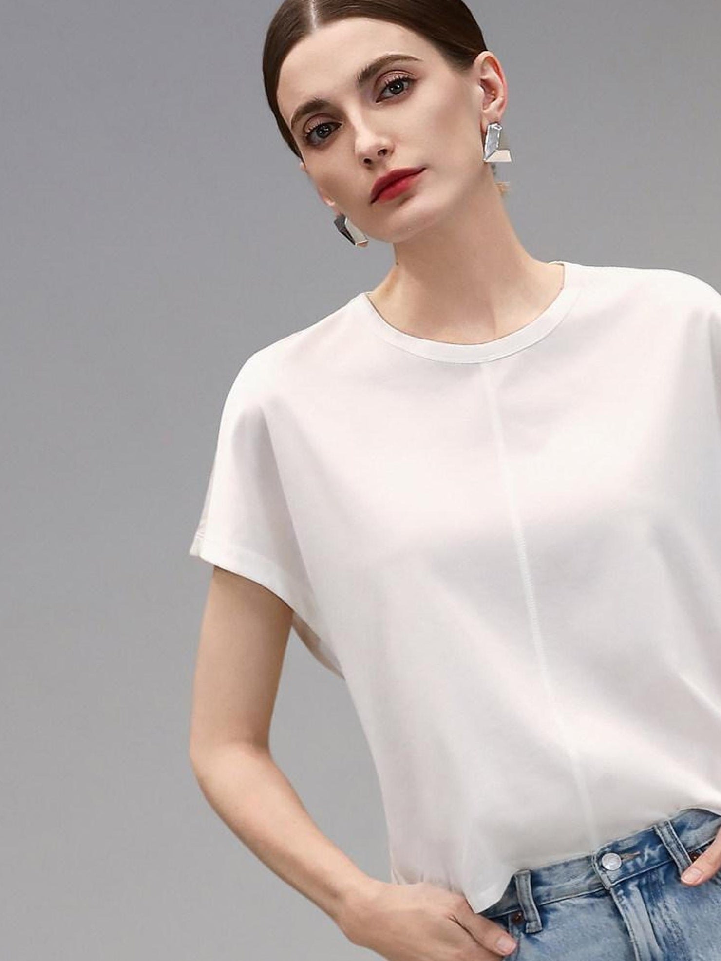 COCOBELLA Viscose Cotton Straight Fit Seamed Office Short Sleeve Crew White T-Shirts