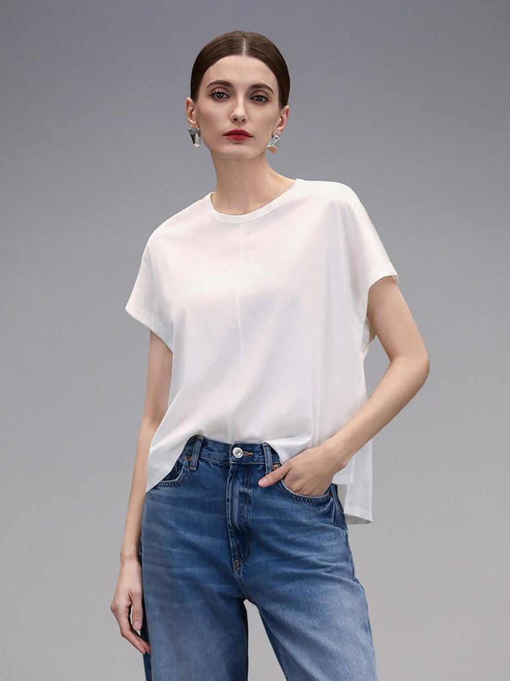 COCOBELLA Viscose Cotton Straight Fit Seamed Office Short Sleeve Crew White T-Shirts