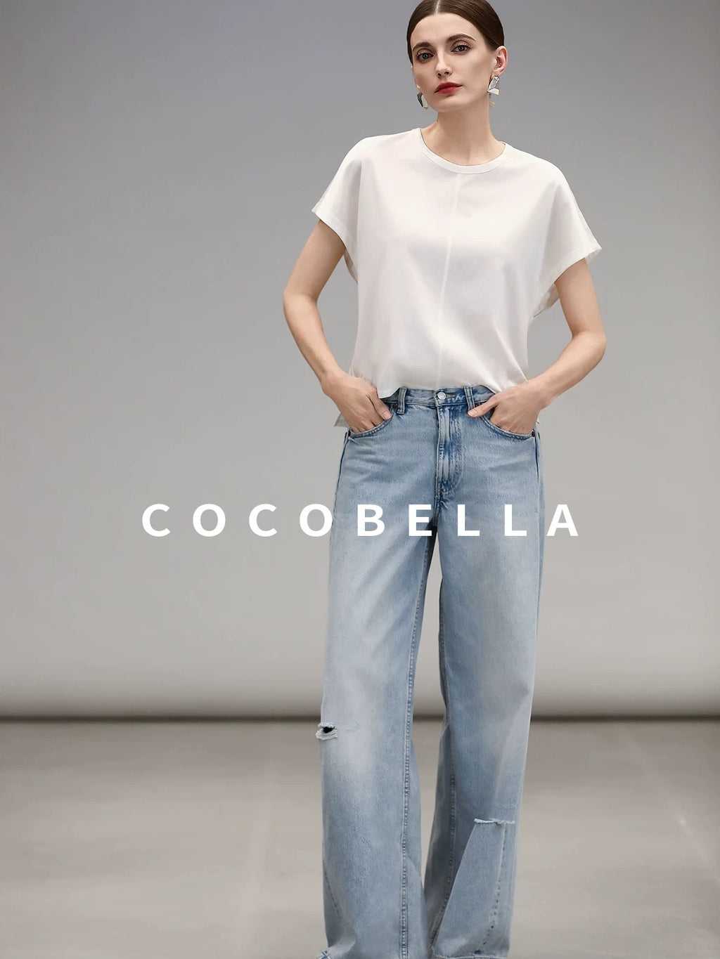 COCOBELLA Viscose Cotton Straight Fit Seamed Office Short Sleeve Crew White T-Shirts