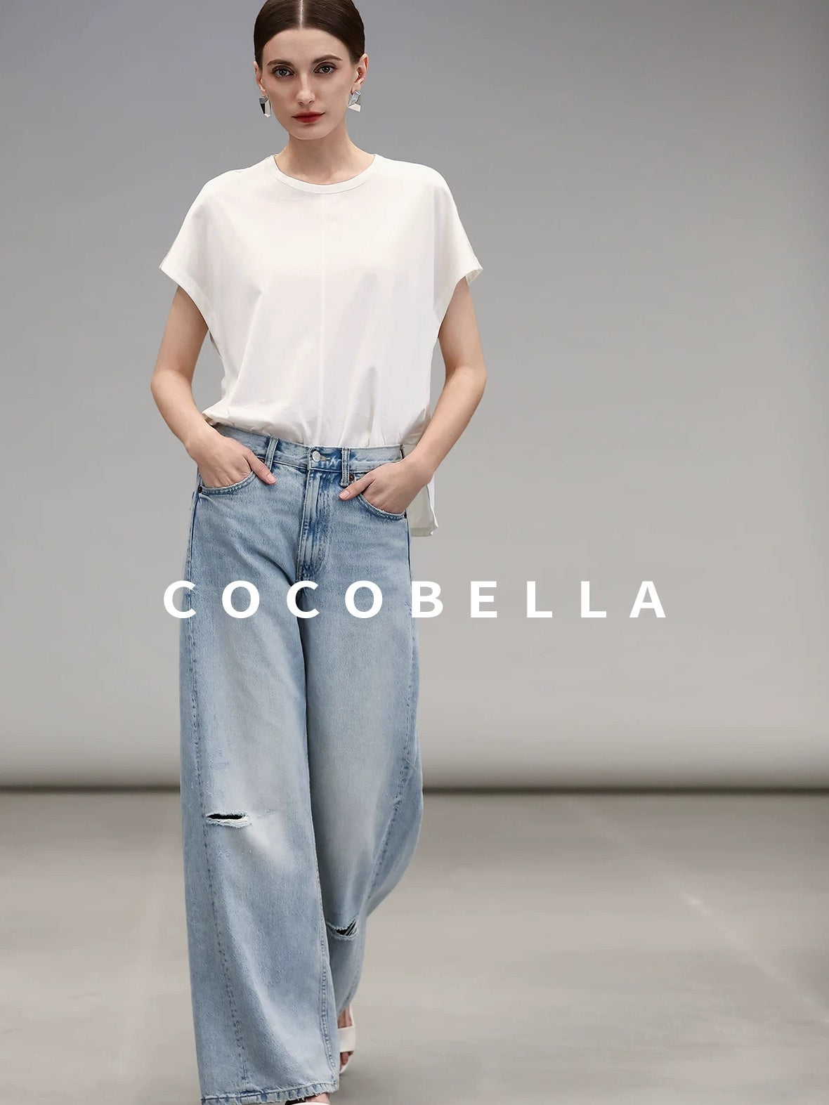 COCOBELLA Viscose Cotton Straight Fit Seamed Office Short Sleeve Crew White T-Shirts