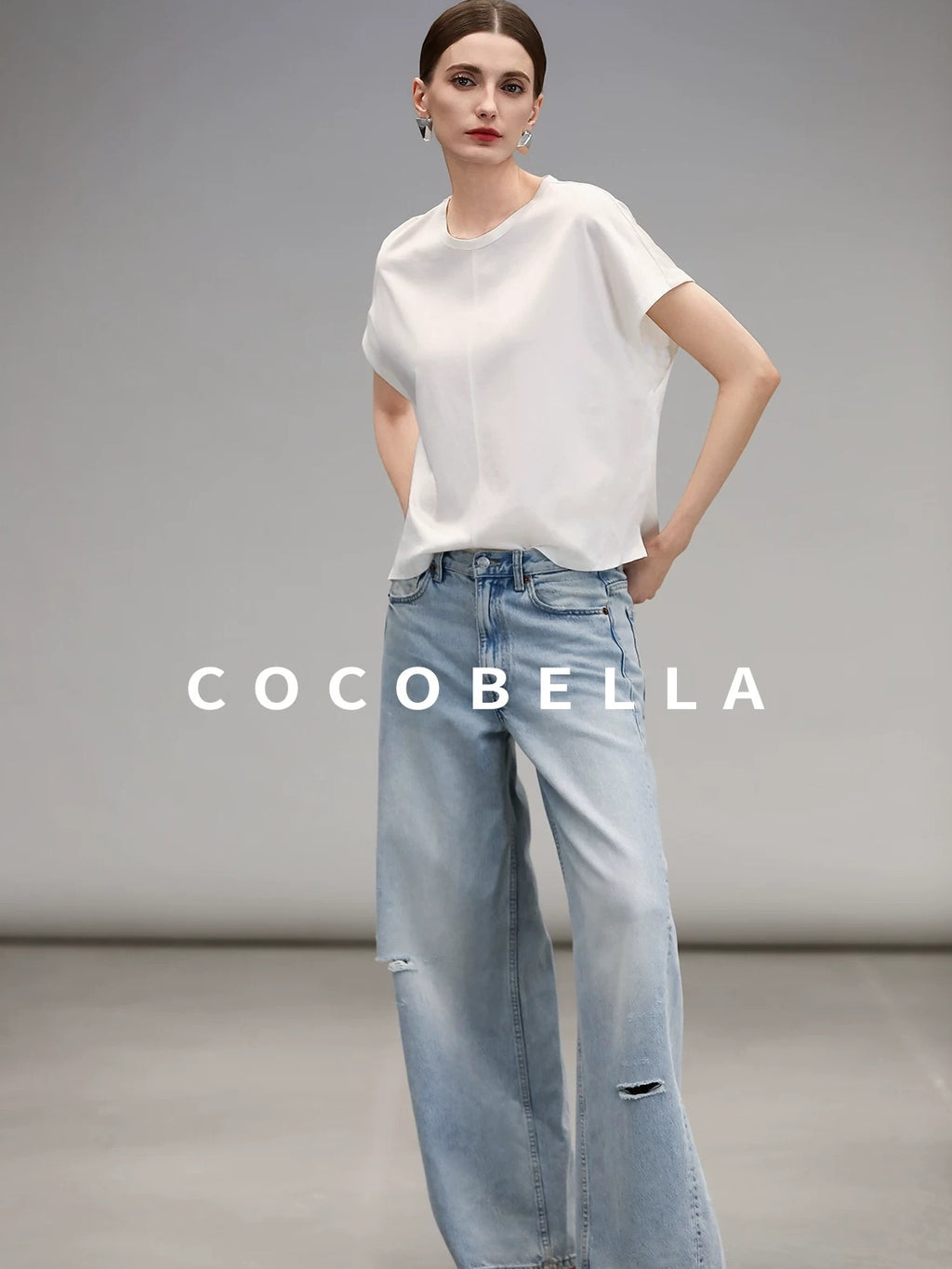 COCOBELLA Viscose Cotton Straight Fit Seamed Office Short Sleeve Crew White T-Shirts