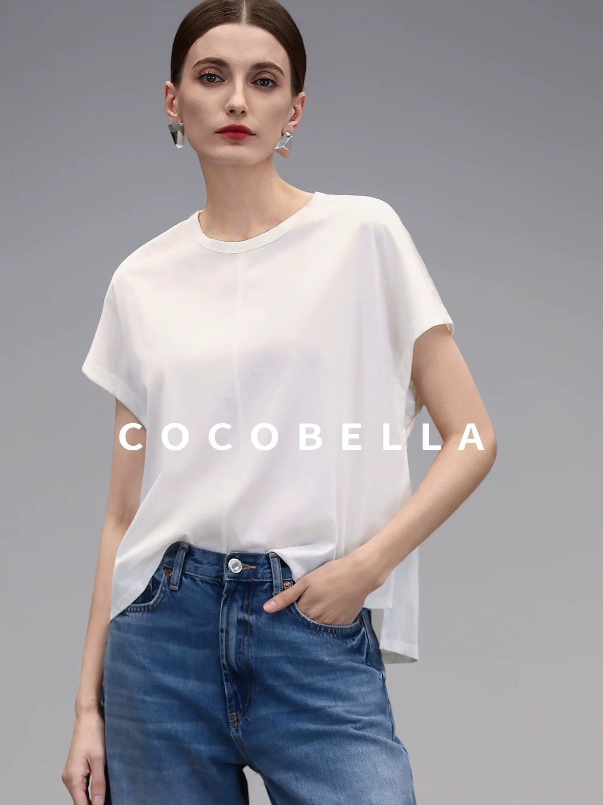 COCOBELLA Viscose Cotton Straight Fit Seamed Office Short Sleeve Crew White T-Shirts
