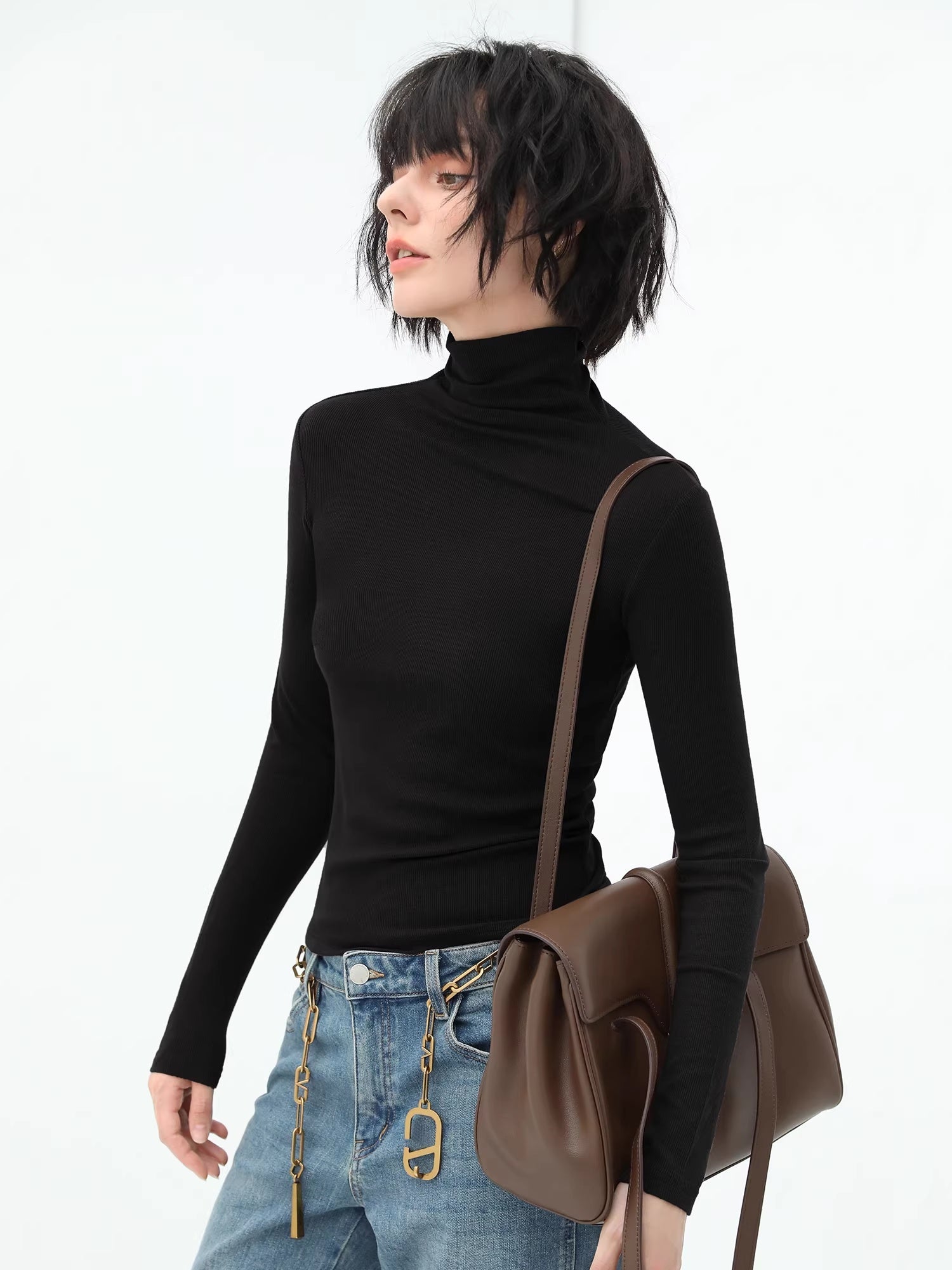 COCOBELLA_Viscose_Stretch_Slim_High_Neck_Long_Sleeve_Women_Office_Basic_Tee_Black_Shirts_MISSTT