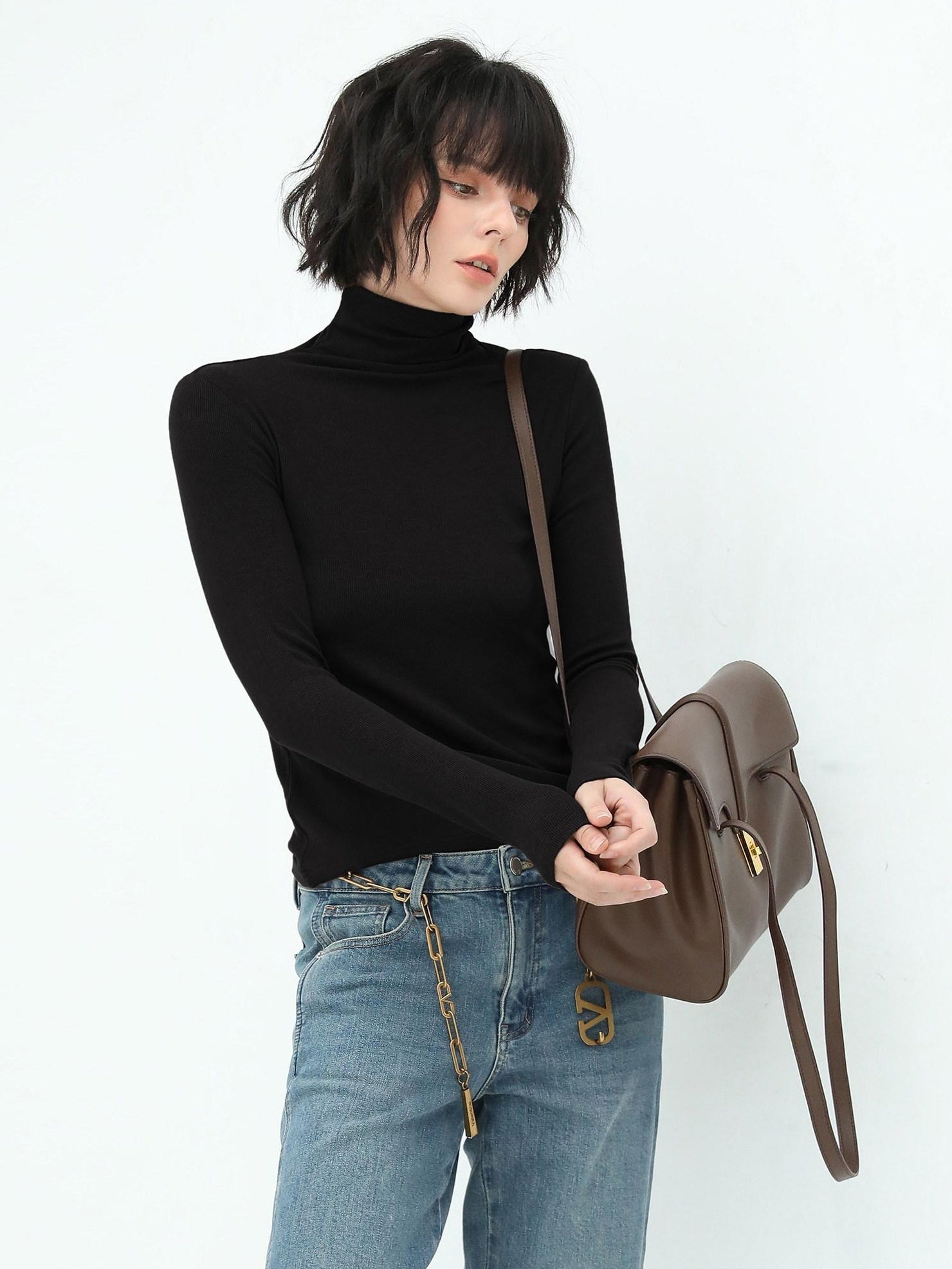 COCOBELLA Viscose Stretch Slim High Neck Long Sleeve Women Office Basic Tee Black Shirts