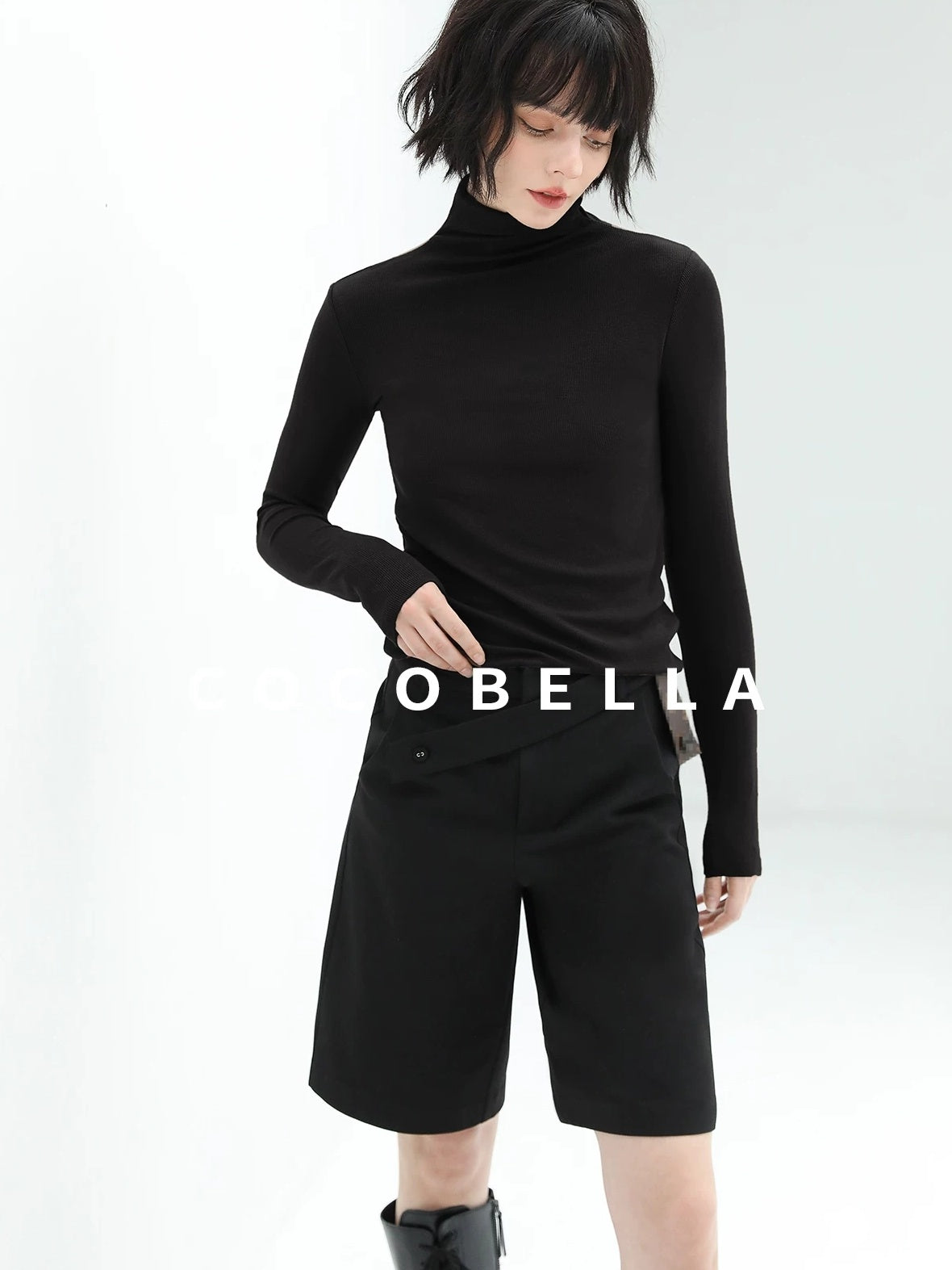 COCOBELLA Viscose Stretch Slim High Neck Long Sleeve Women Office Basic Tee Black Shirts