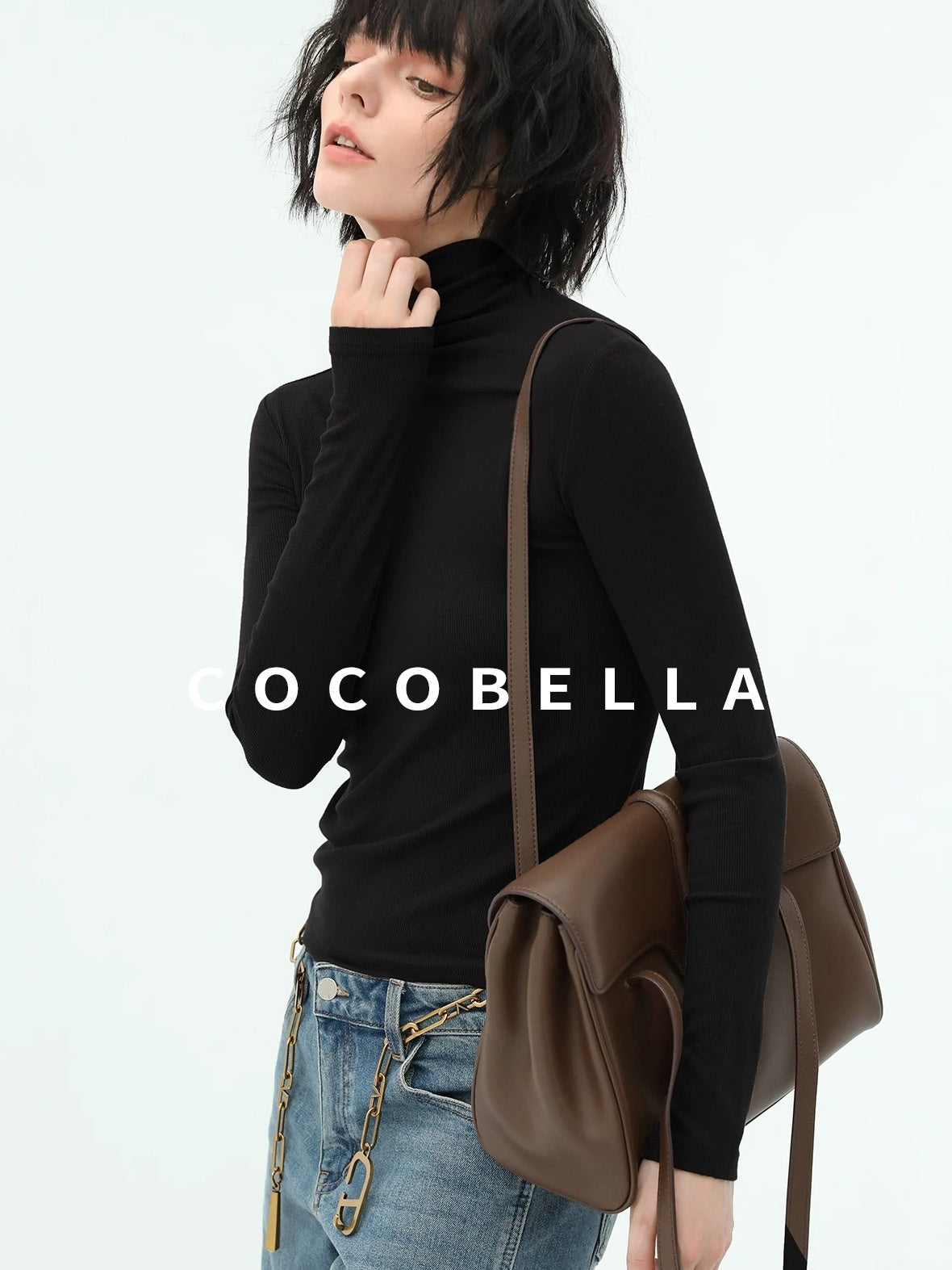 COCOBELLA Viscose Stretch Slim High Neck Long Sleeve Women Office Basic Tee Black Shirts