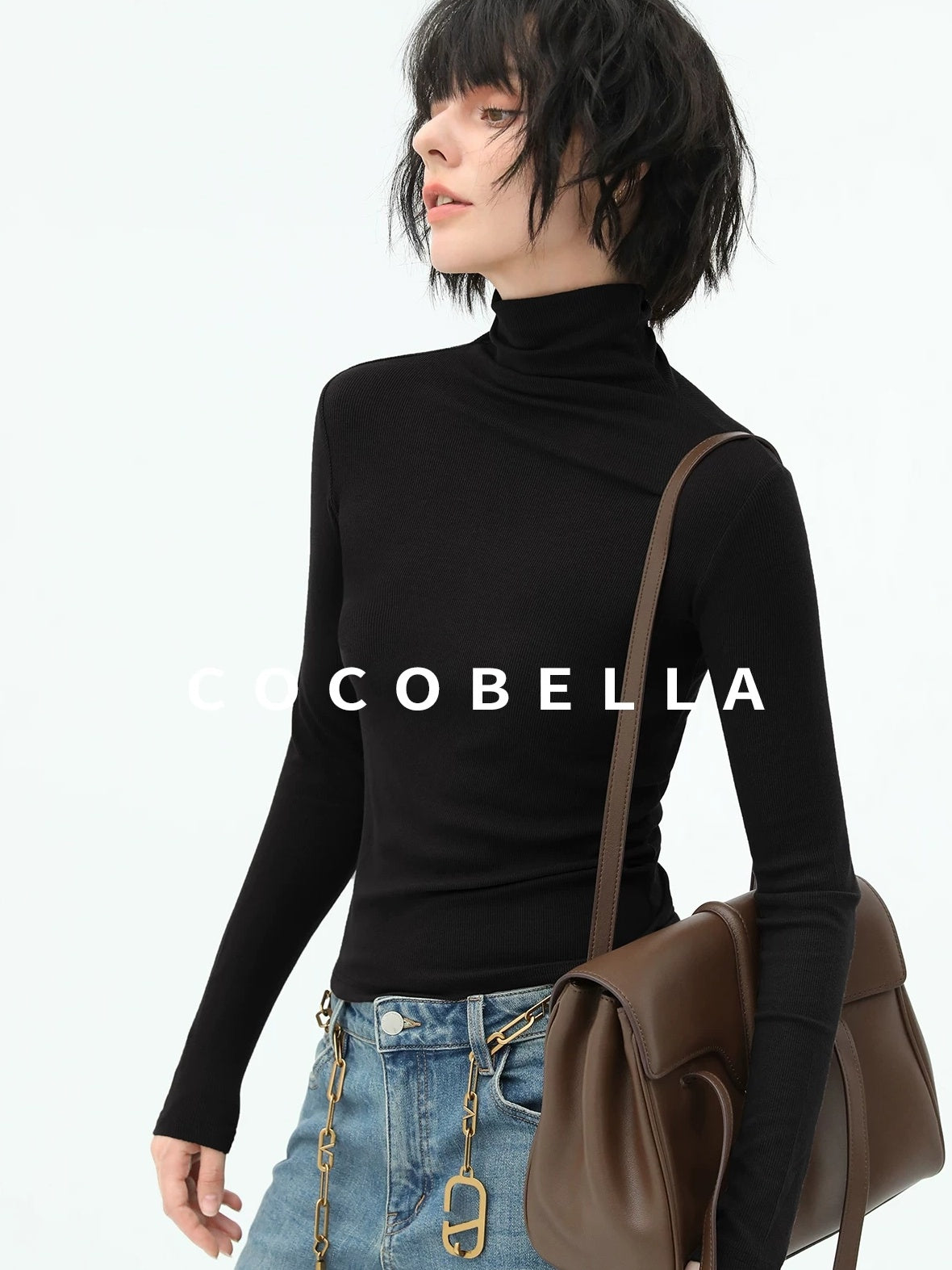 COCOBELLA Viscose Stretch Slim High Neck Long Sleeve Women Office Basic Tee Black Shirts