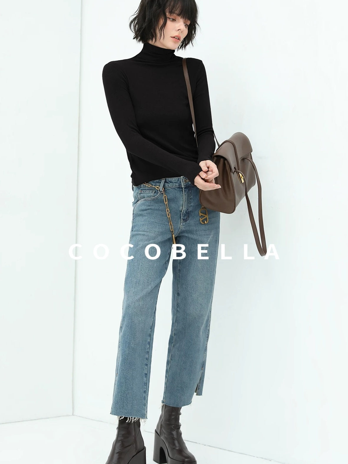 COCOBELLA Viscose Stretch Slim High Neck Long Sleeve Women Office Basic Tee Black Shirts