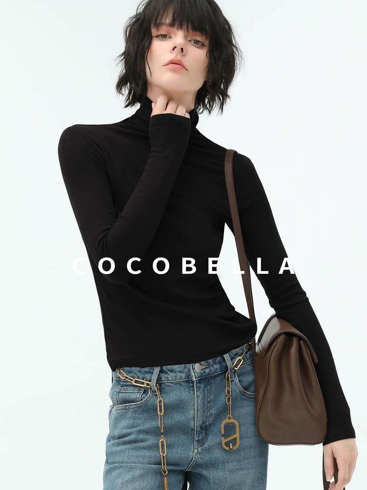 COCOBELLA Viscose Stretch Slim High Neck Long Sleeve Women Office Basic Tee Black Shirts