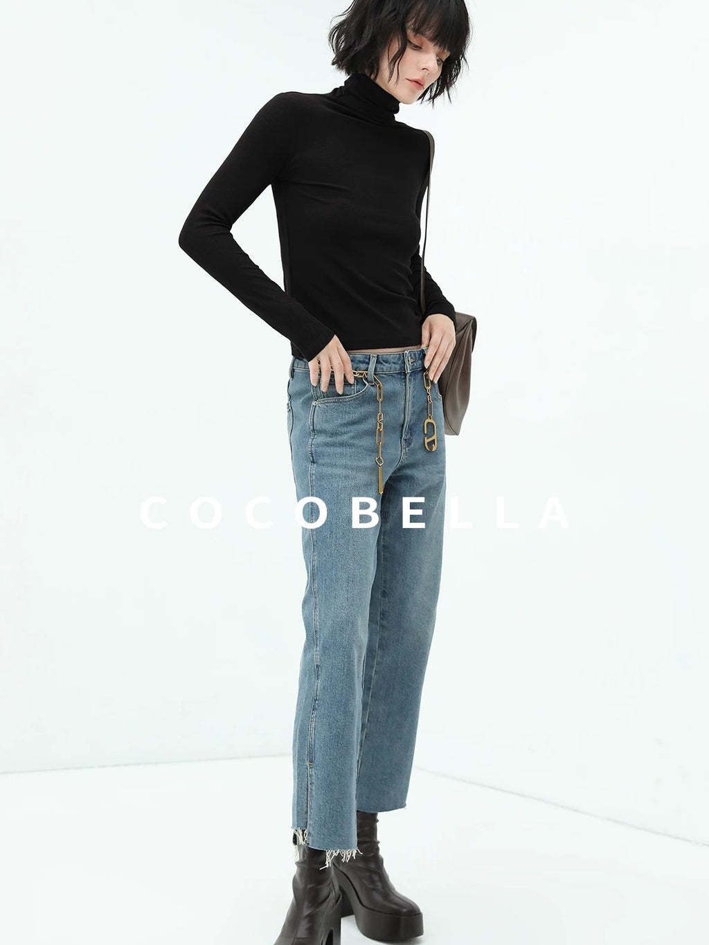 COCOBELLA Viscose Stretch Slim High Neck Long Sleeve Women Office Basic Tee Black Shirts