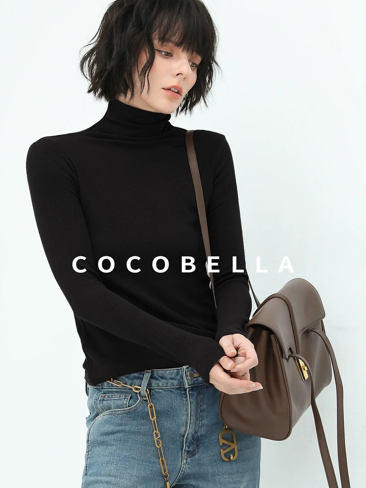 COCOBELLA Viscose Stretch Slim High Neck Long Sleeve Women Office Basic Tee Black Shirts