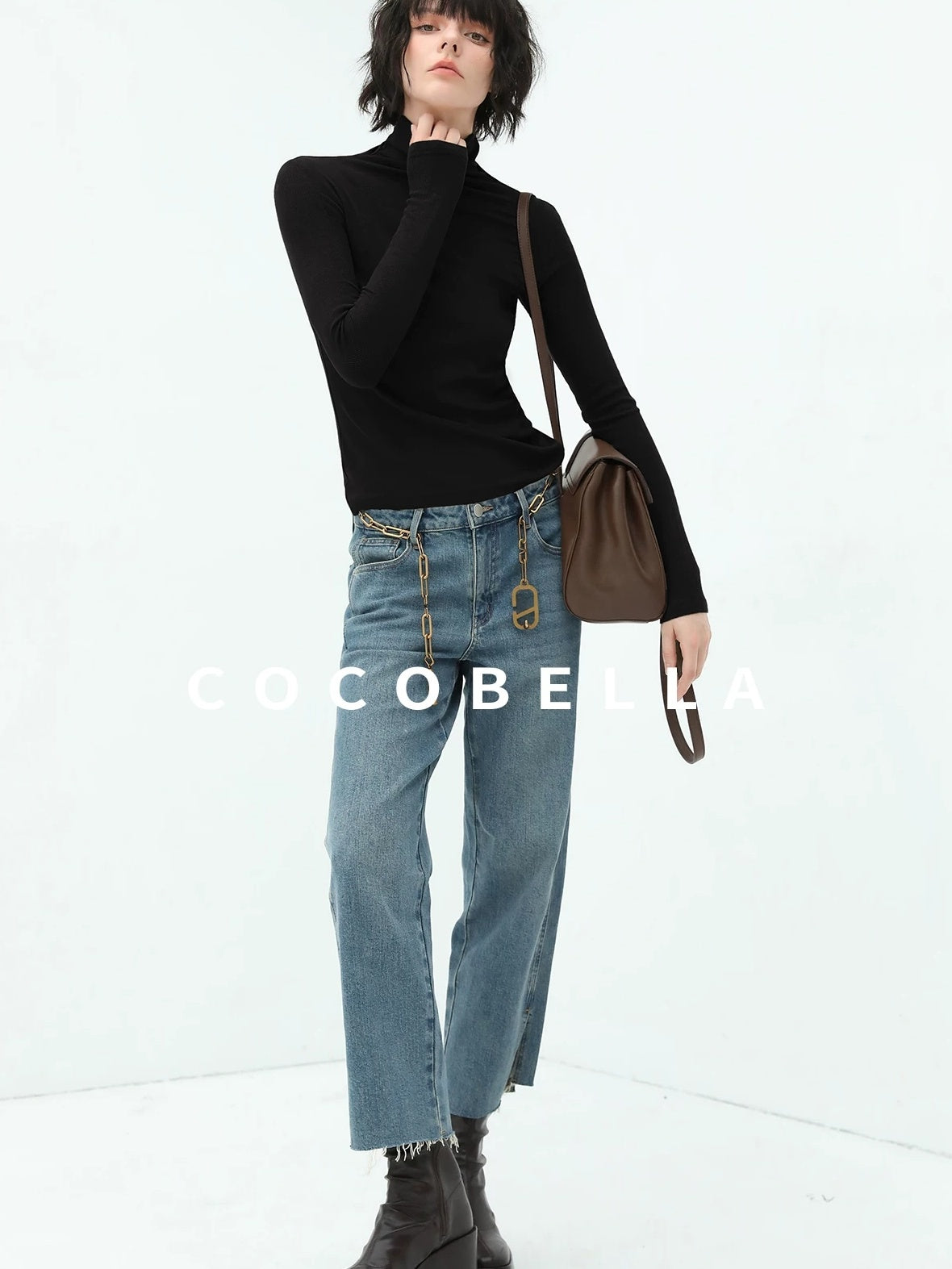 COCOBELLA Viscose Stretch Slim High Neck Long Sleeve Women Office Basic Tee Black Shirts