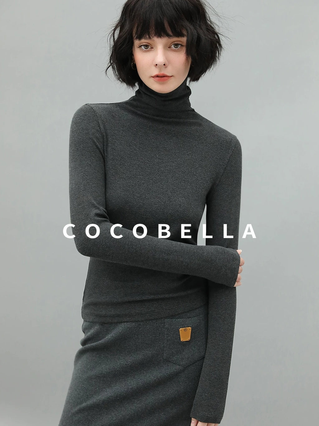 COCOBELLA Viscose Stretch Slim High Neck Long Sleeve Women Office Basic Tee Black Shirts