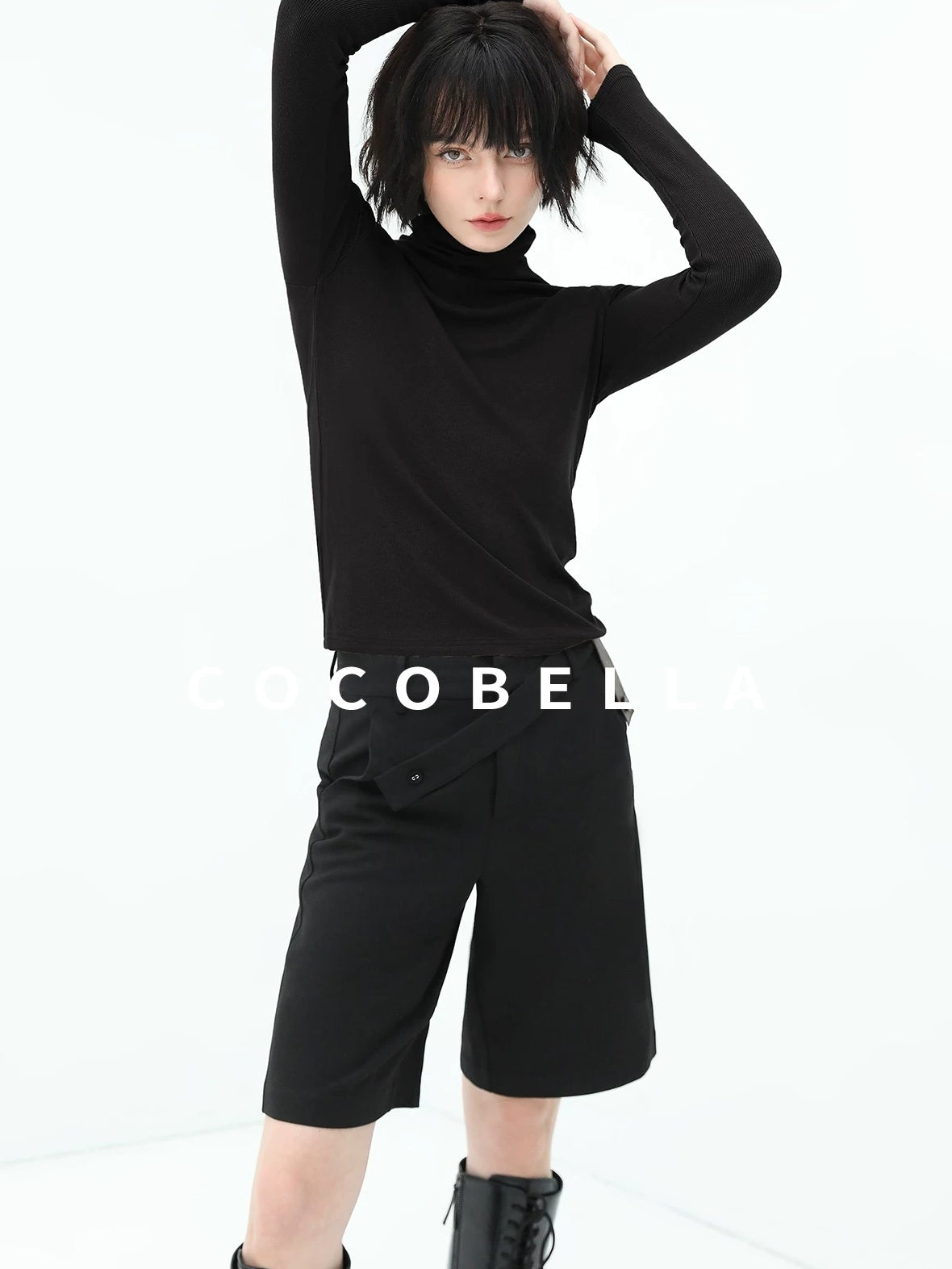 COCOBELLA Viscose Stretch Slim High Neck Long Sleeve Women Office Basic Tee Black Shirts