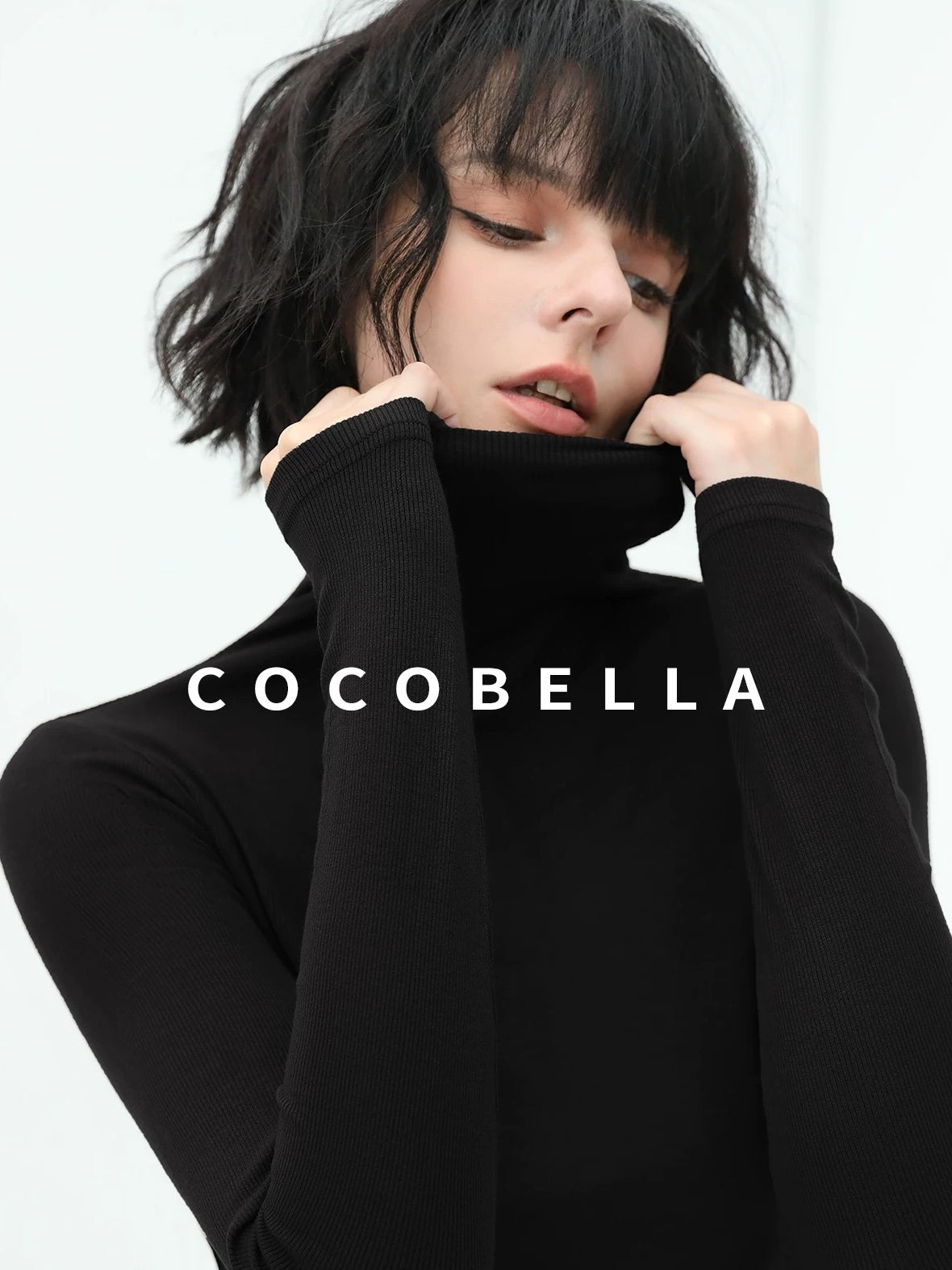 COCOBELLA Viscose Stretch Slim High Neck Long Sleeve Women Office Basic Tee Black Shirts