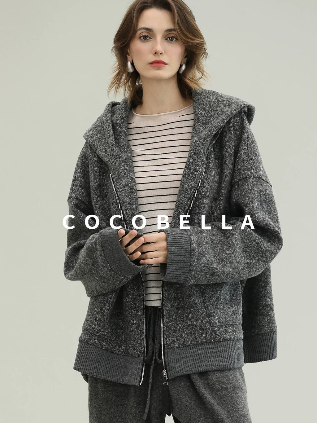 COCOBELLA Warm Brushed Fleece Commuter Relaxed Fit Zip Up Hood Ribbed Hem Women Hoodies