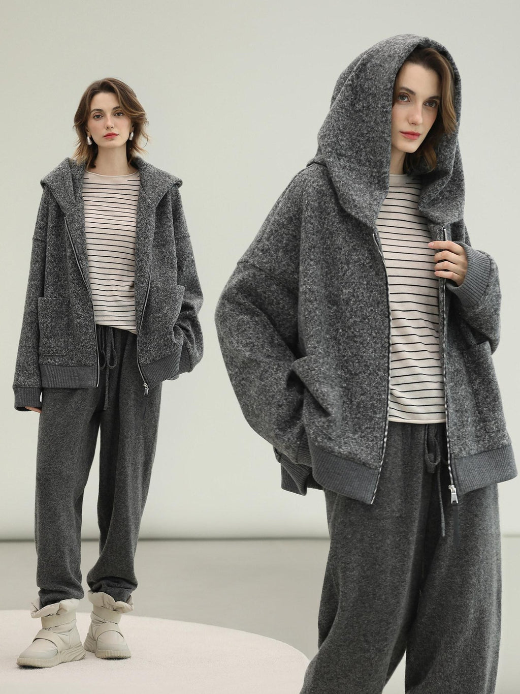 COCOBELLA Warm Brushed Fleece Commuter Relaxed Fit Zip Up Hood Ribbed Hem Women Hoodies