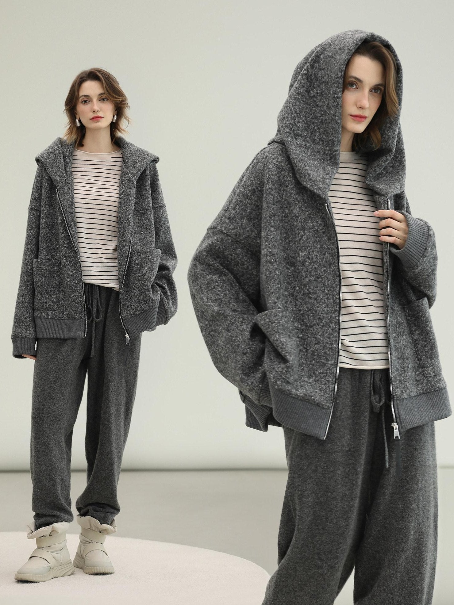 COCOBELLA Warm Brushed Fleece Commuter Relaxed Fit Zip Up Hood Ribbed Hem Women Hoodies