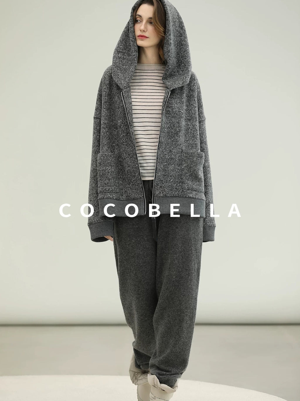 COCOBELLA Warm Brushed Fleece Commuter Relaxed Fit Zip Up Hood Ribbed Hem Women Hoodies