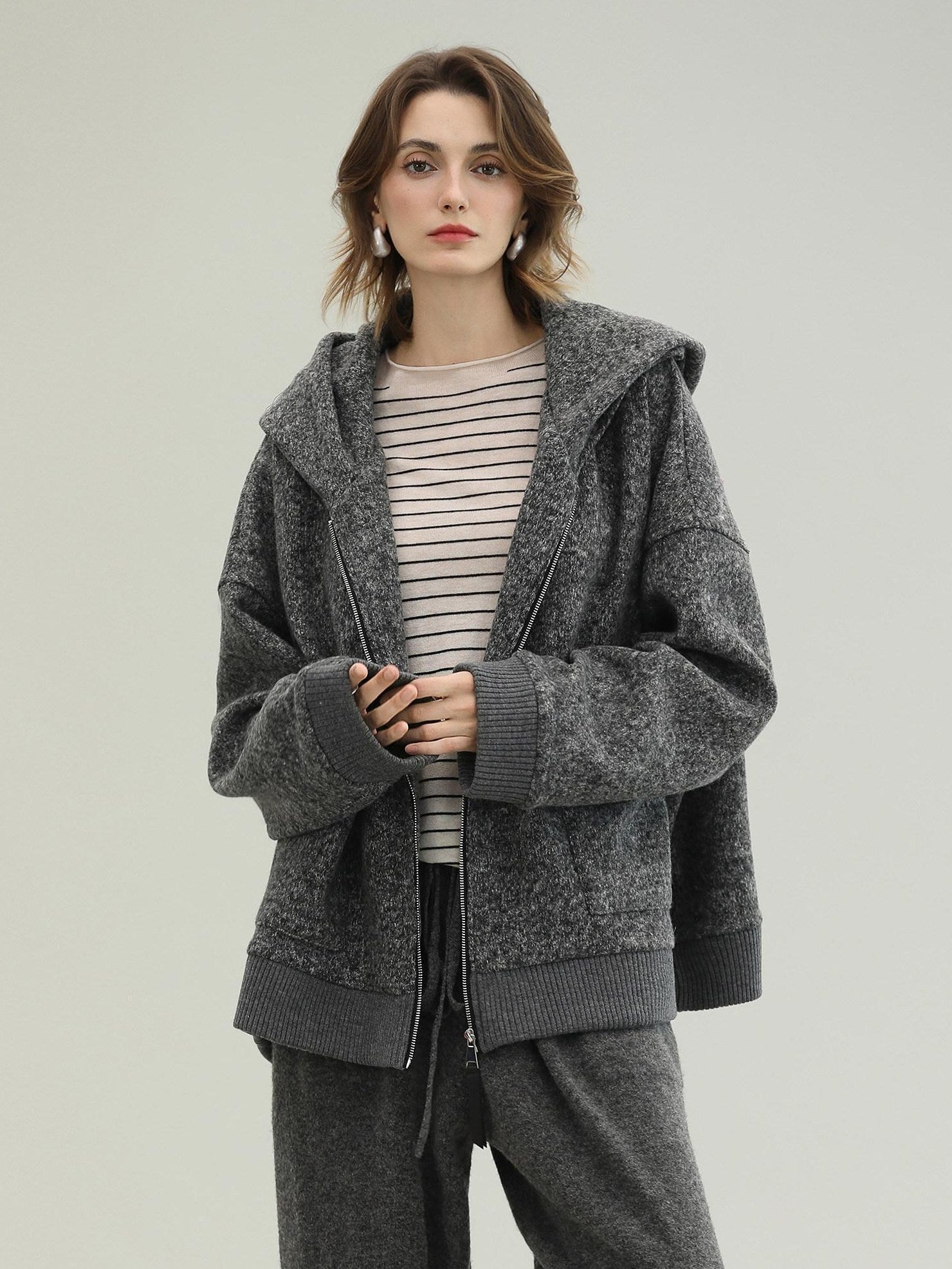 COCOBELLA Warm Brushed Fleece Commuter Relaxed Fit Zip Up Hood Ribbed Hem Women Hoodies