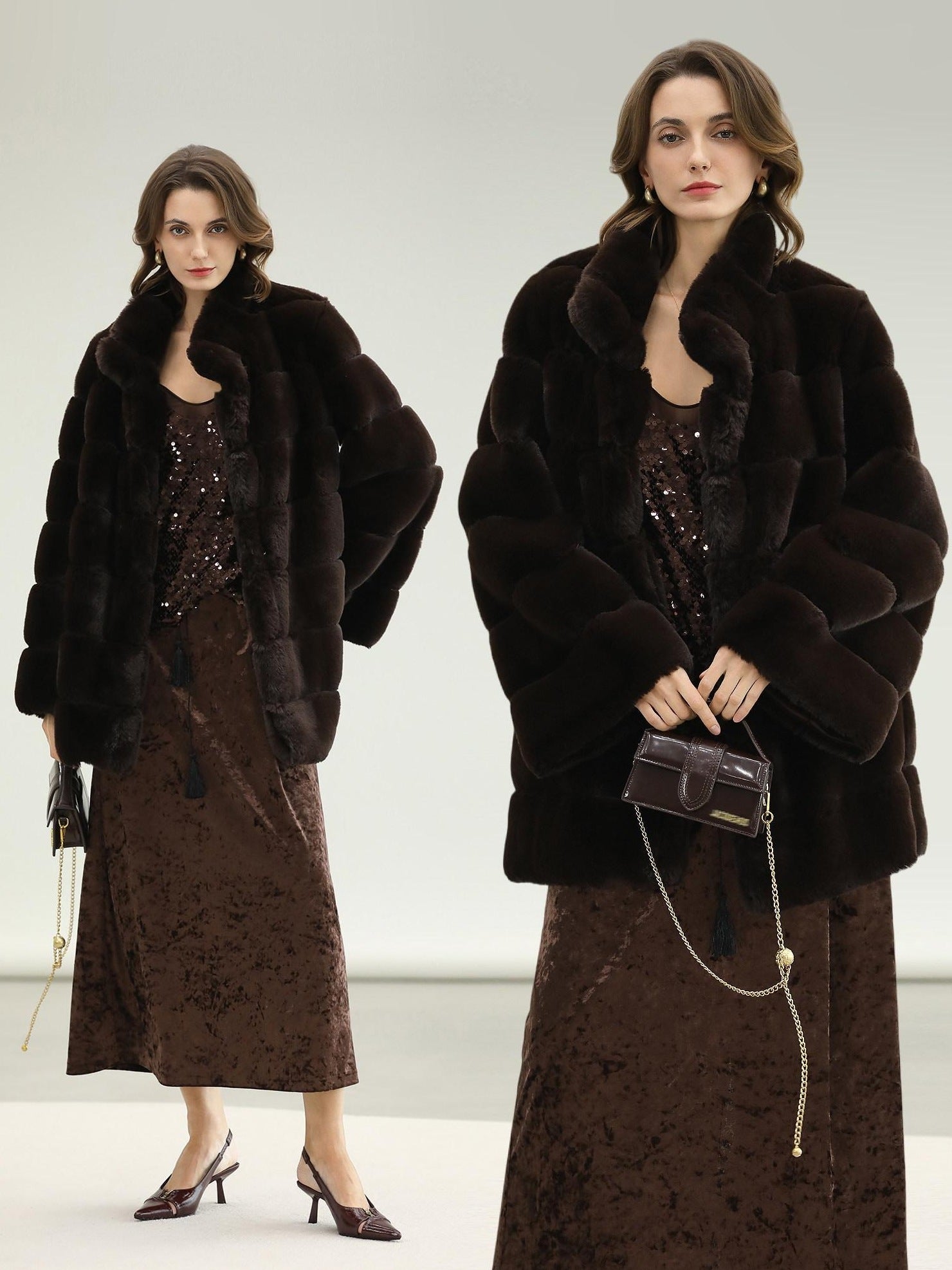 COCOBELLA Warm Faux Fur Fringe Straight V Neck Lady Commuter Coffee Brown Jackets
