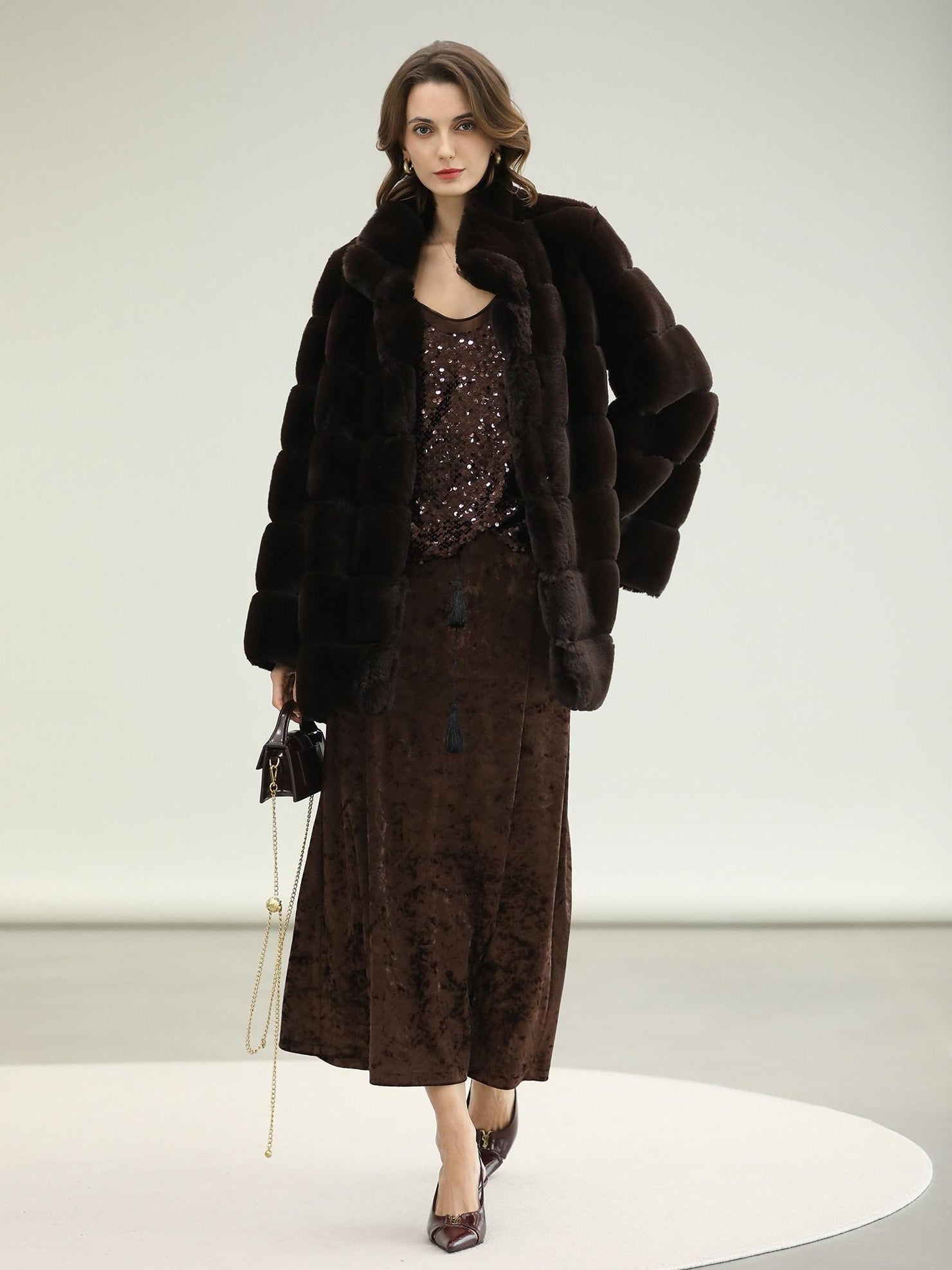 COCOBELLA Warm Faux Fur Fringe Straight V Neck Lady Commuter Coffee Brown Jackets