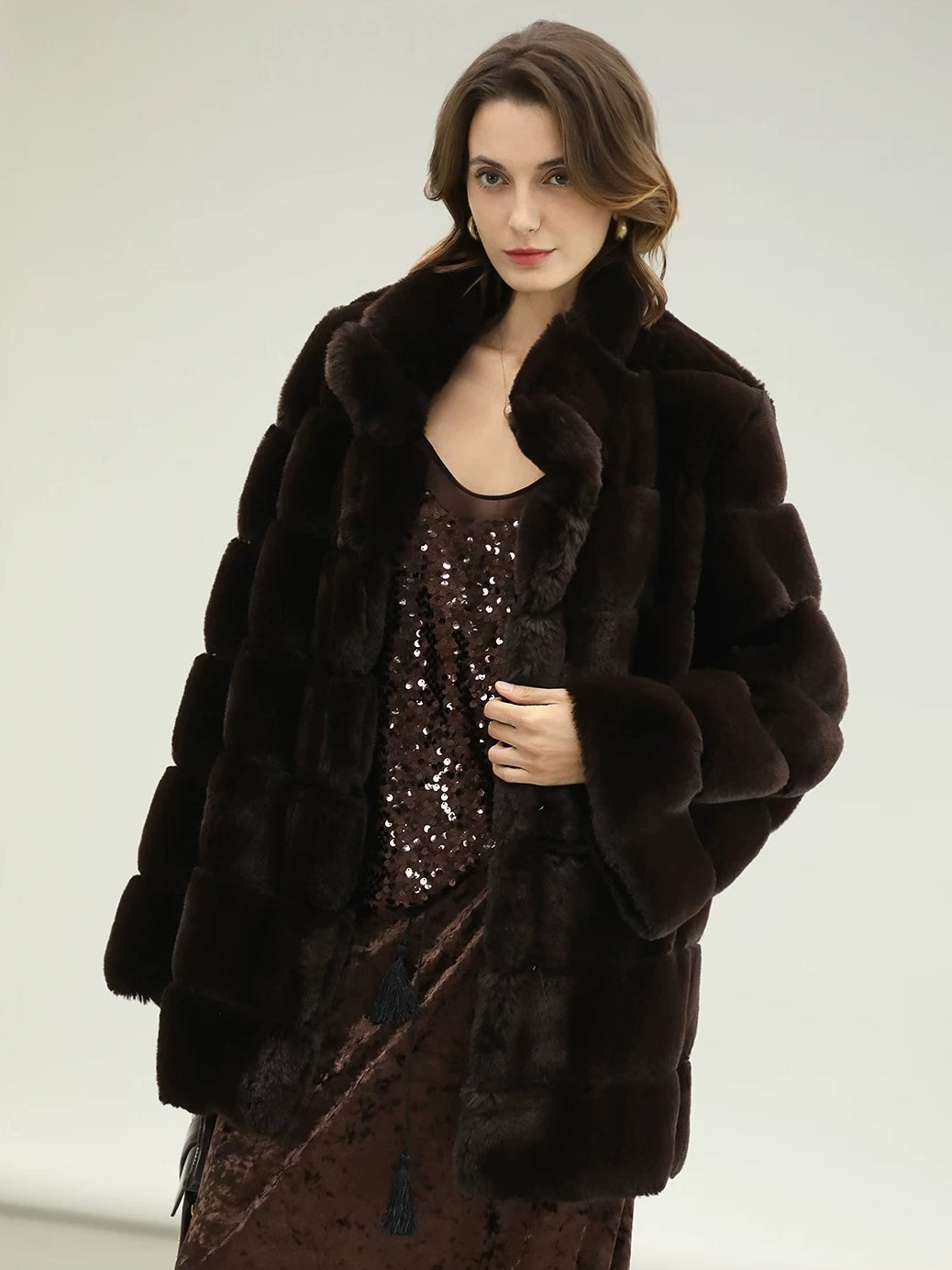 COCOBELLA Warm Faux Fur Fringe Straight V Neck Lady Commuter Coffee Brown Jackets