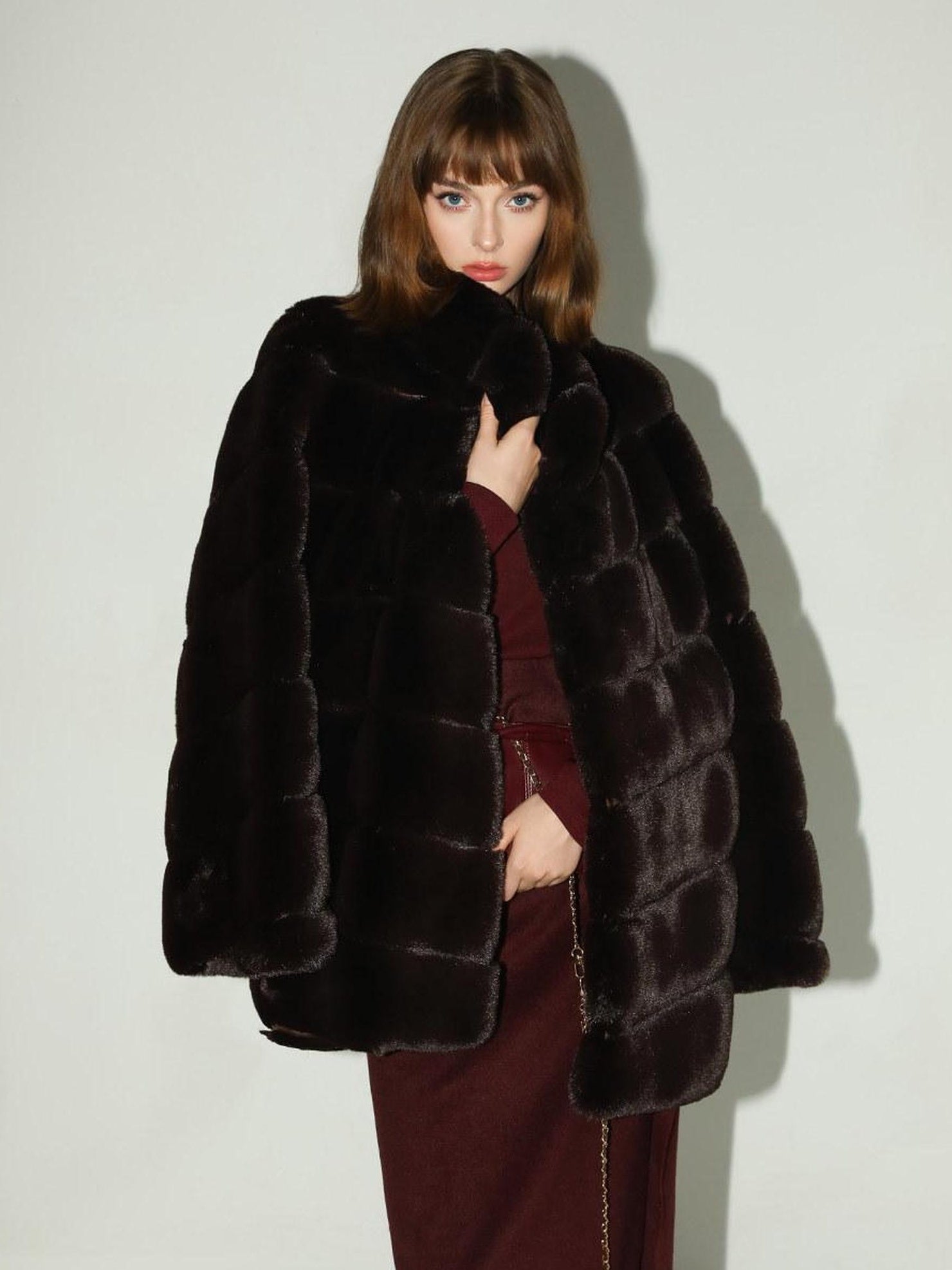 COCOBELLA Warm Faux Fur Mid Length Straight Stand Collar Ladies Commute Coffee Brown Coats