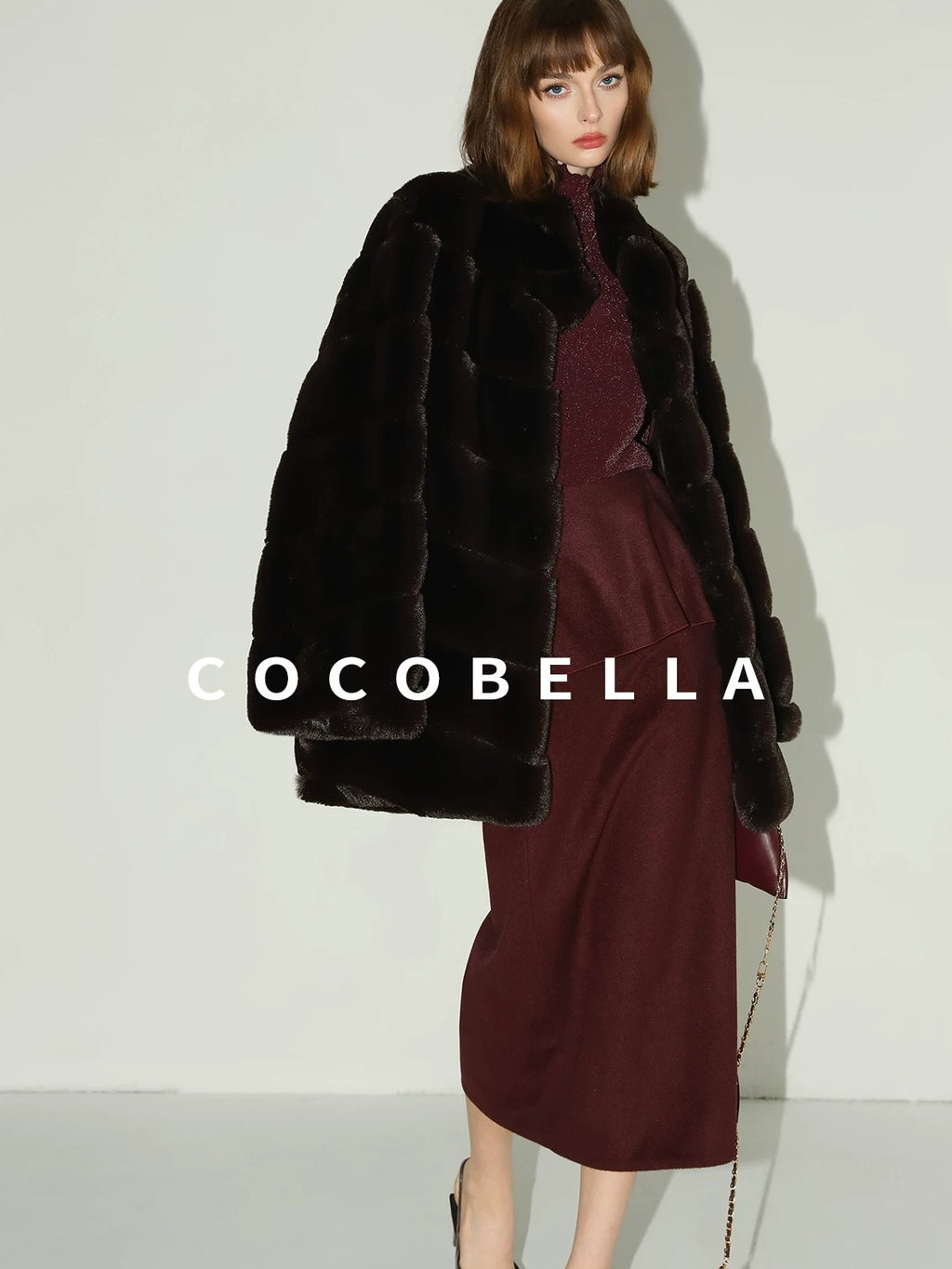 COCOBELLA Warm Faux Fur Mid Length Straight Stand Collar Ladies Commute Coffee Brown Coats