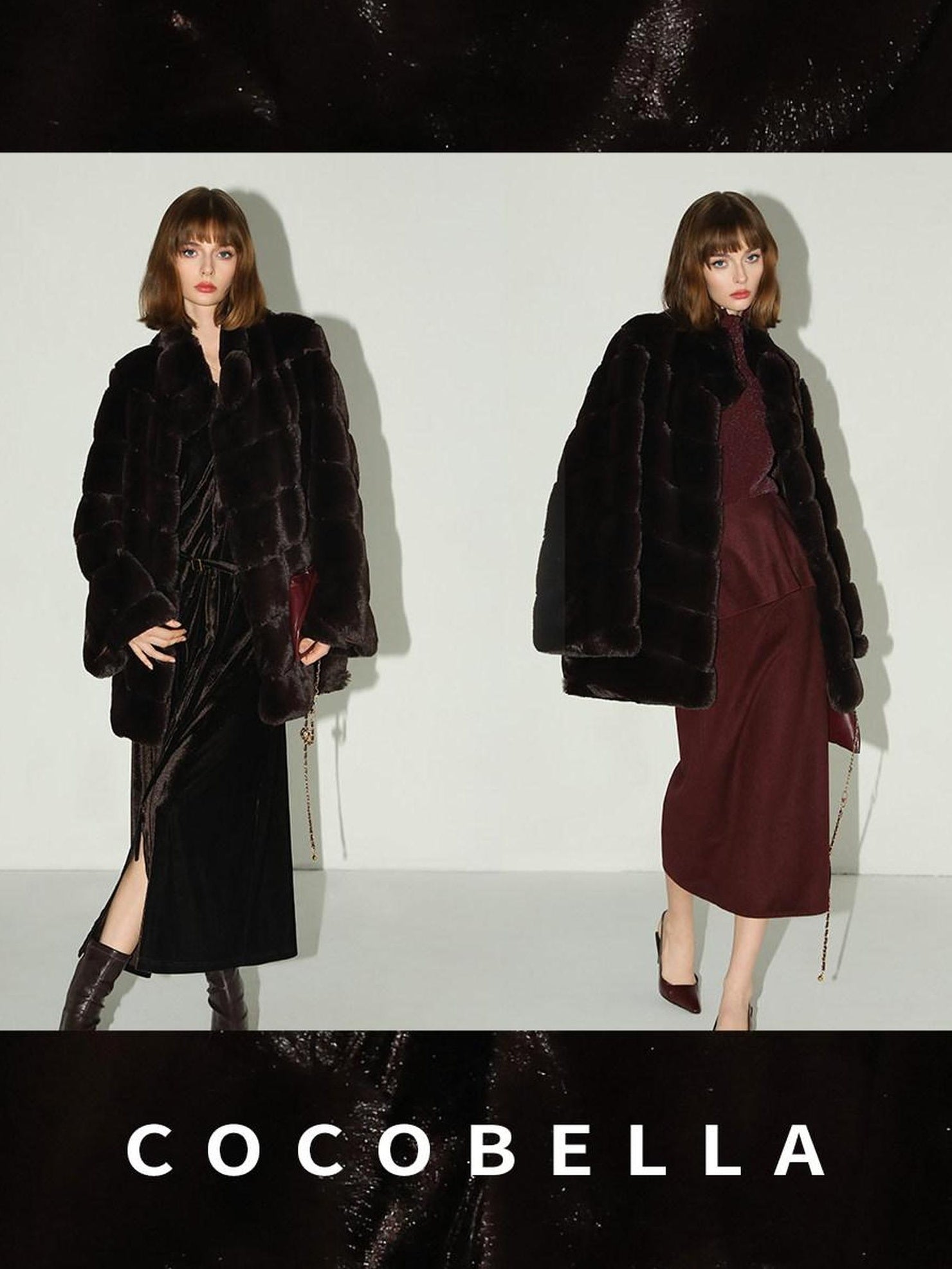 COCOBELLA Warm Faux Fur Mid Length Straight Stand Collar Ladies Commute Coffee Brown Coats