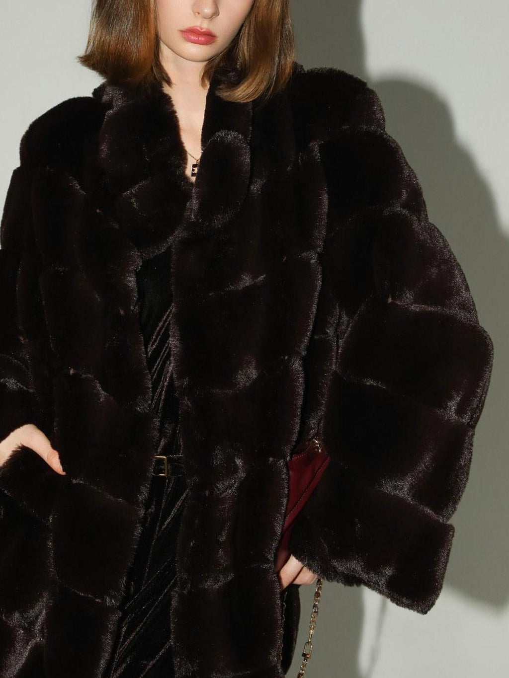 COCOBELLA Warm Faux Fur Mid Length Straight Stand Collar Ladies Commute Coffee Brown Coats