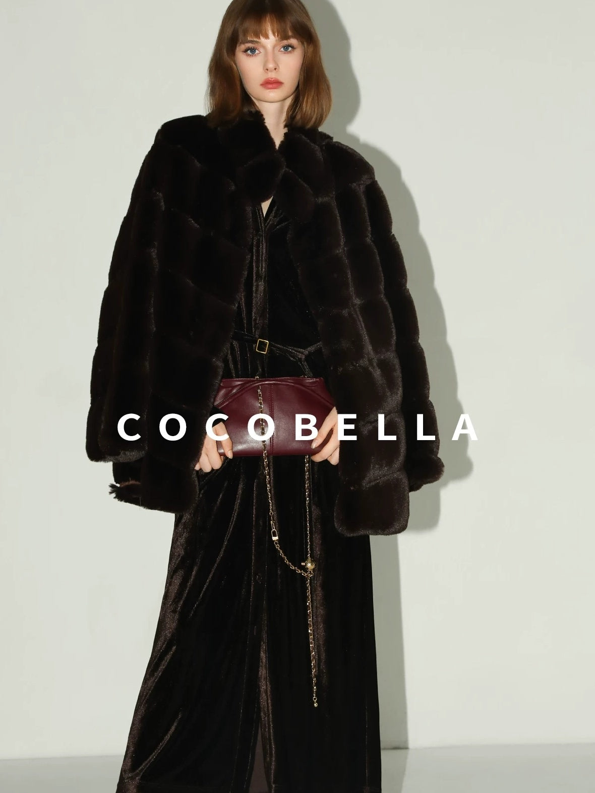 COCOBELLA Warm Faux Fur Mid Length Straight Stand Collar Ladies Commute Coffee Brown Coats