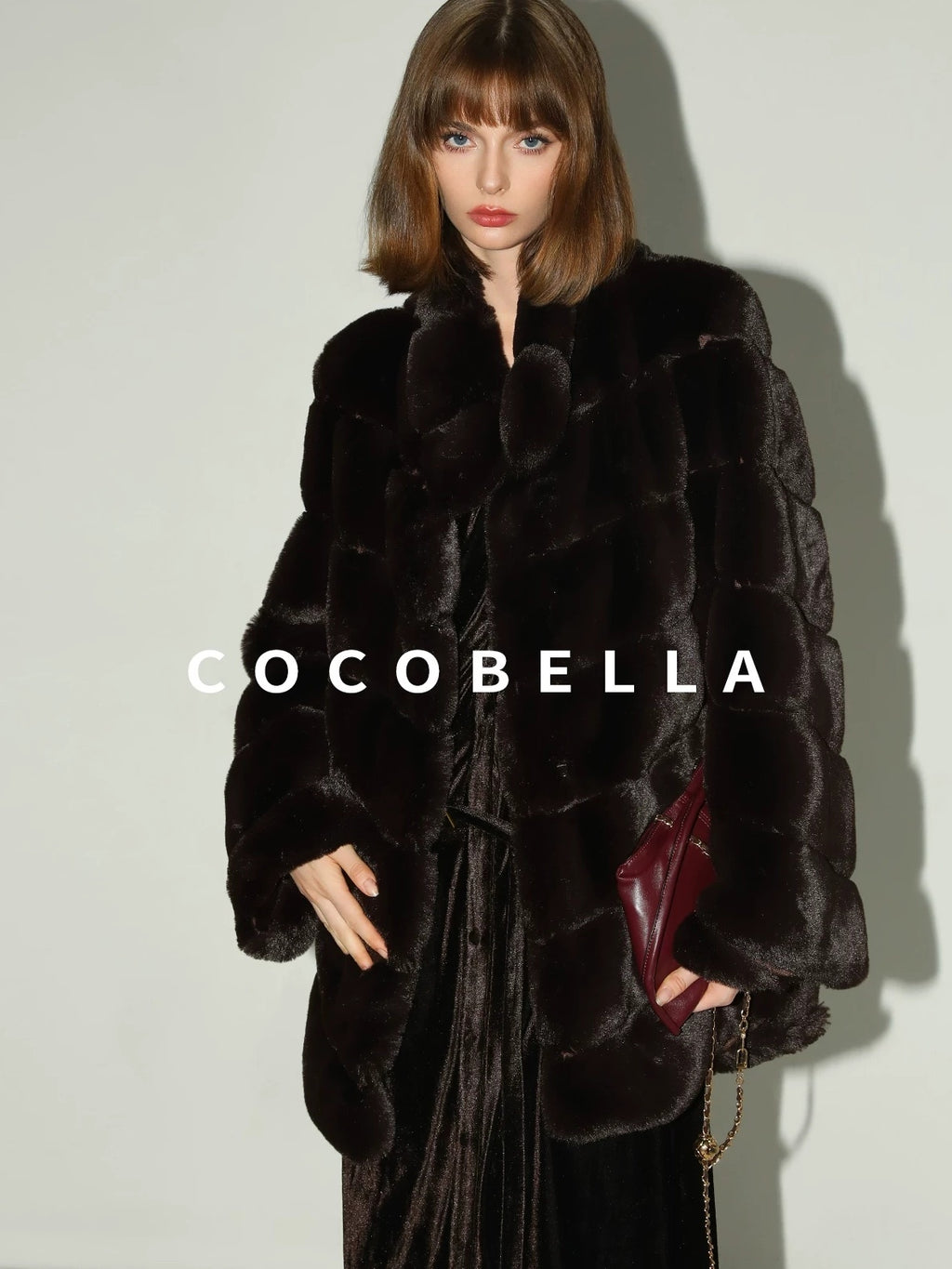 COCOBELLA Warm Faux Fur Mid Length Straight Stand Collar Ladies Commute Coffee Brown Coats